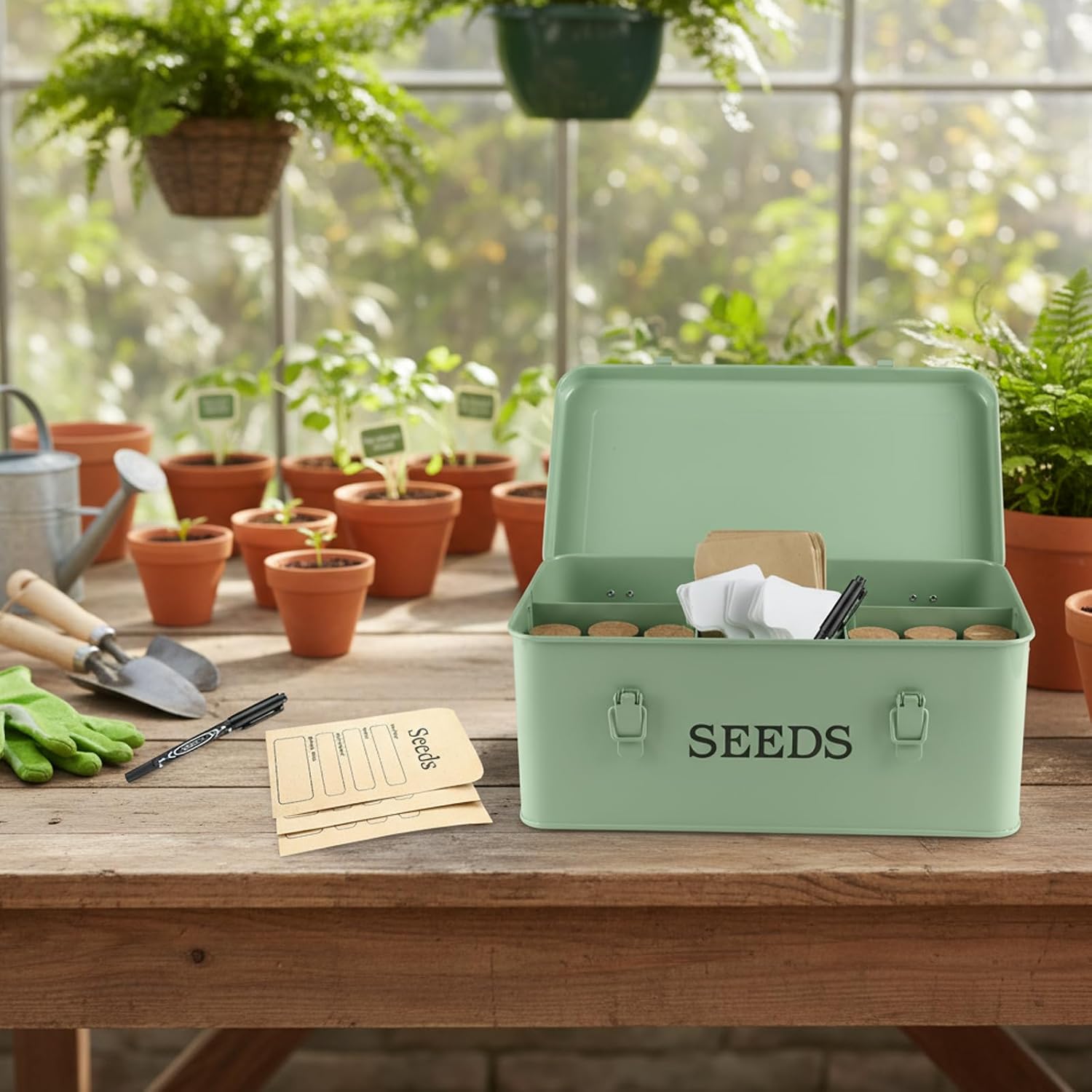 Seed Storage Organizer, 4 Compartment Metal Seed Saving Box with Lid and Safety Locks,Seeds Packet Container with 1
