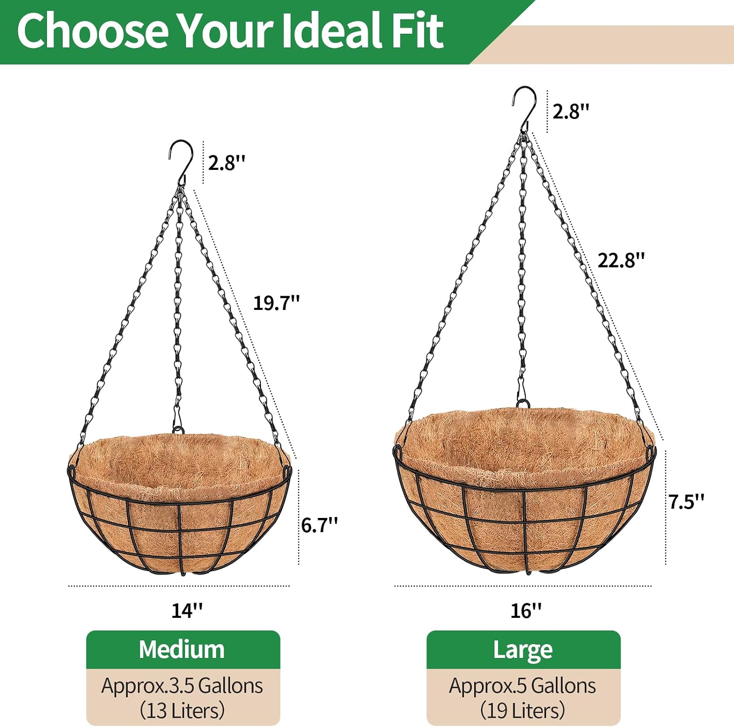 16 Inch Hanging Planters for Outdoor Plants, 2 Pack Large Hanging Baskets | Metal Hanging Baskets for Outdoor Plants