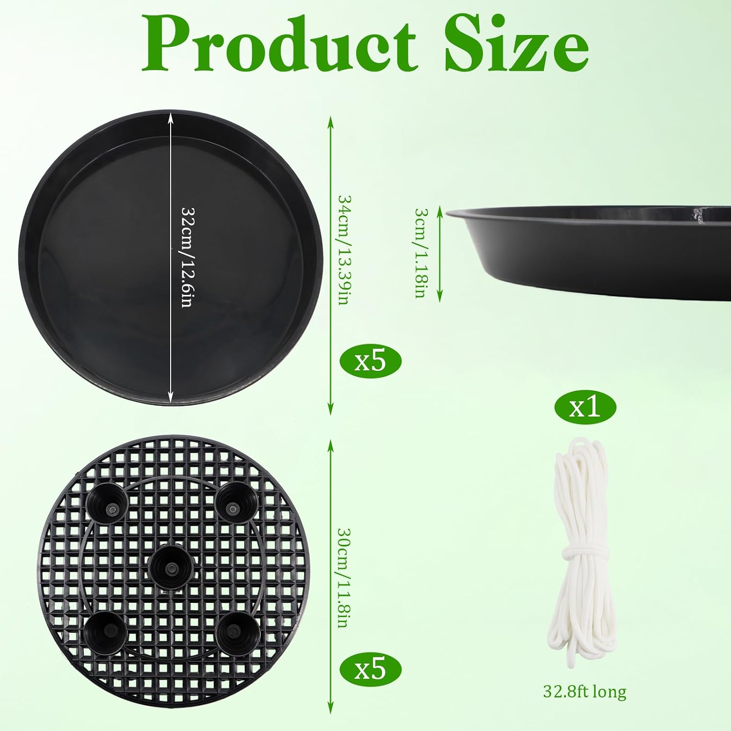 5-Pack 12" Plastic Plant Saucer, Self Watering Pots for Indoor Plants, Bottom Plant Water Catcher Tray, Indoor/Outdoor