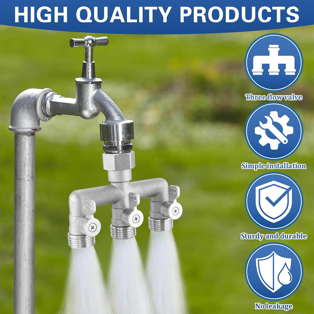 304 Stainless Steel 3 Way Garden Hose Splitter, Heavy Duty Hose Bib Splitter with 3 Shut Off Valves, High Flow Outdoor