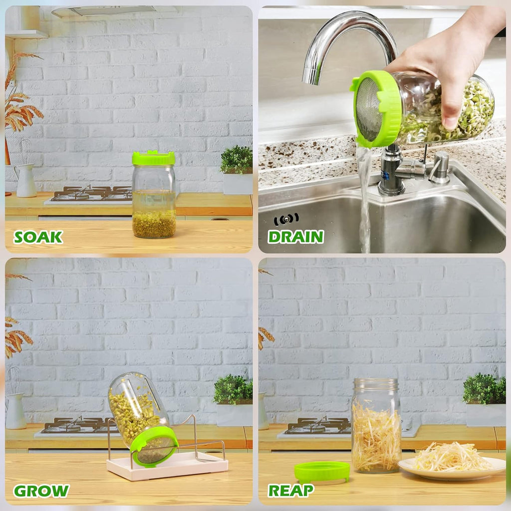 Kitmiido Seed Sprouting Kit, 2 Large Wide Mouth Mason Jars with Sprout Lids, Blackout Sleeves, Drain Tray, Stainless