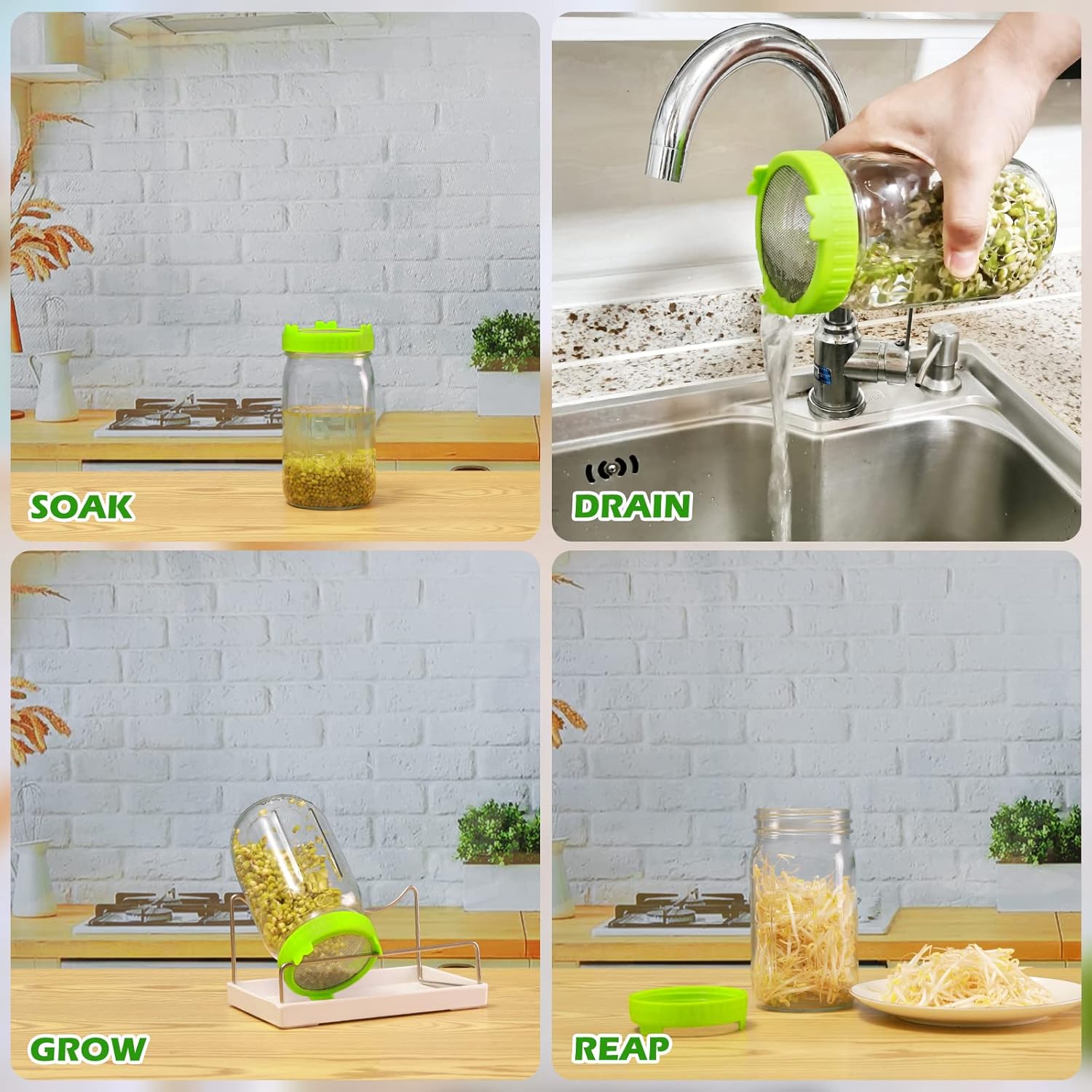 Kitmiido Seed Sprouting Kit, 2 Large Wide Mouth Mason Jars with Sprout Lids, Blackout Sleeves, Drain Tray, Stainless