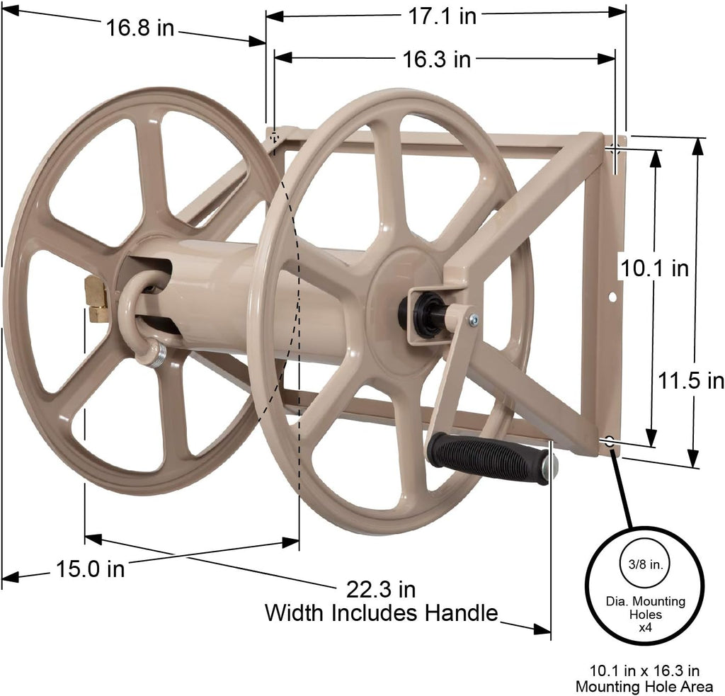 Liberty Garden 709 Steel Wall/Floor Mounted Hose Reel, Holds 200-Feet of 5/8-Inch Hose - Tan, 17.6 x 22 x 15