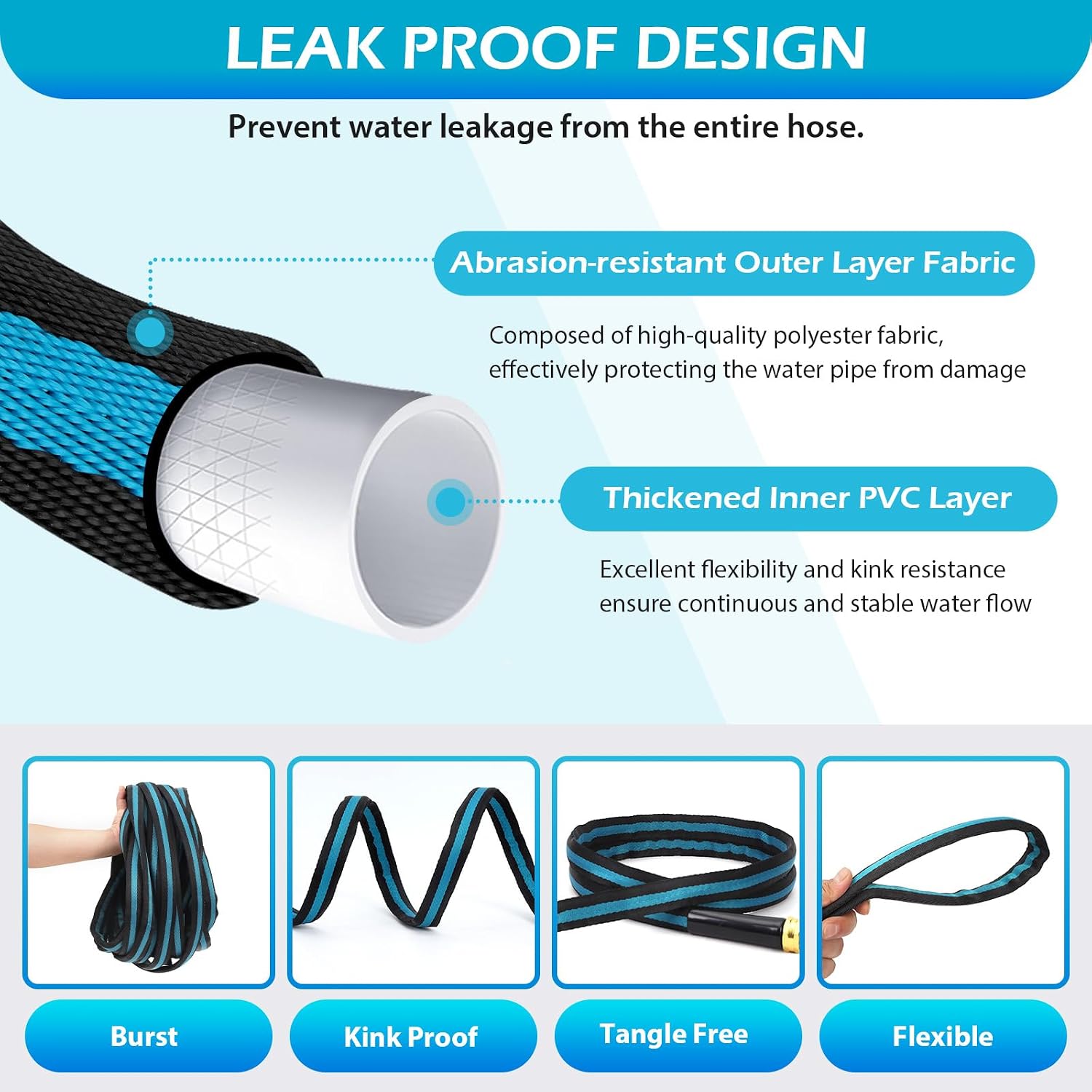 100FT Non-Expandable Garden Hose, Flexible Water Hose with Spray Nozzle, Kink-Resistant, Leakproof 3/4" Brass