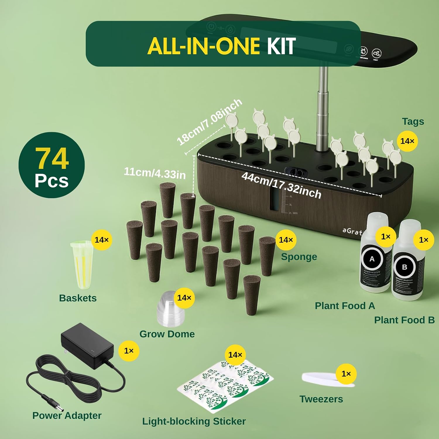 Hydroponics Growing System Kit, Indoor Herb Garden, 14 Pods Upgraded LCD Display, LED Grow Light Quiet Smart Water Pump