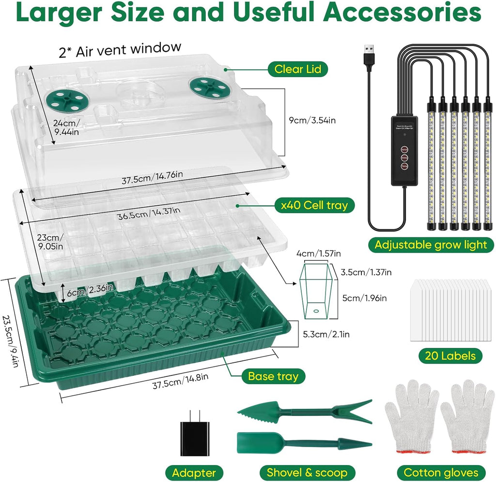 Seed Starter Tray with Grow Light, Humidity Dome, 3 Pack 120 Cells | Seedling Tray Kit with Vented Dome & Drainage