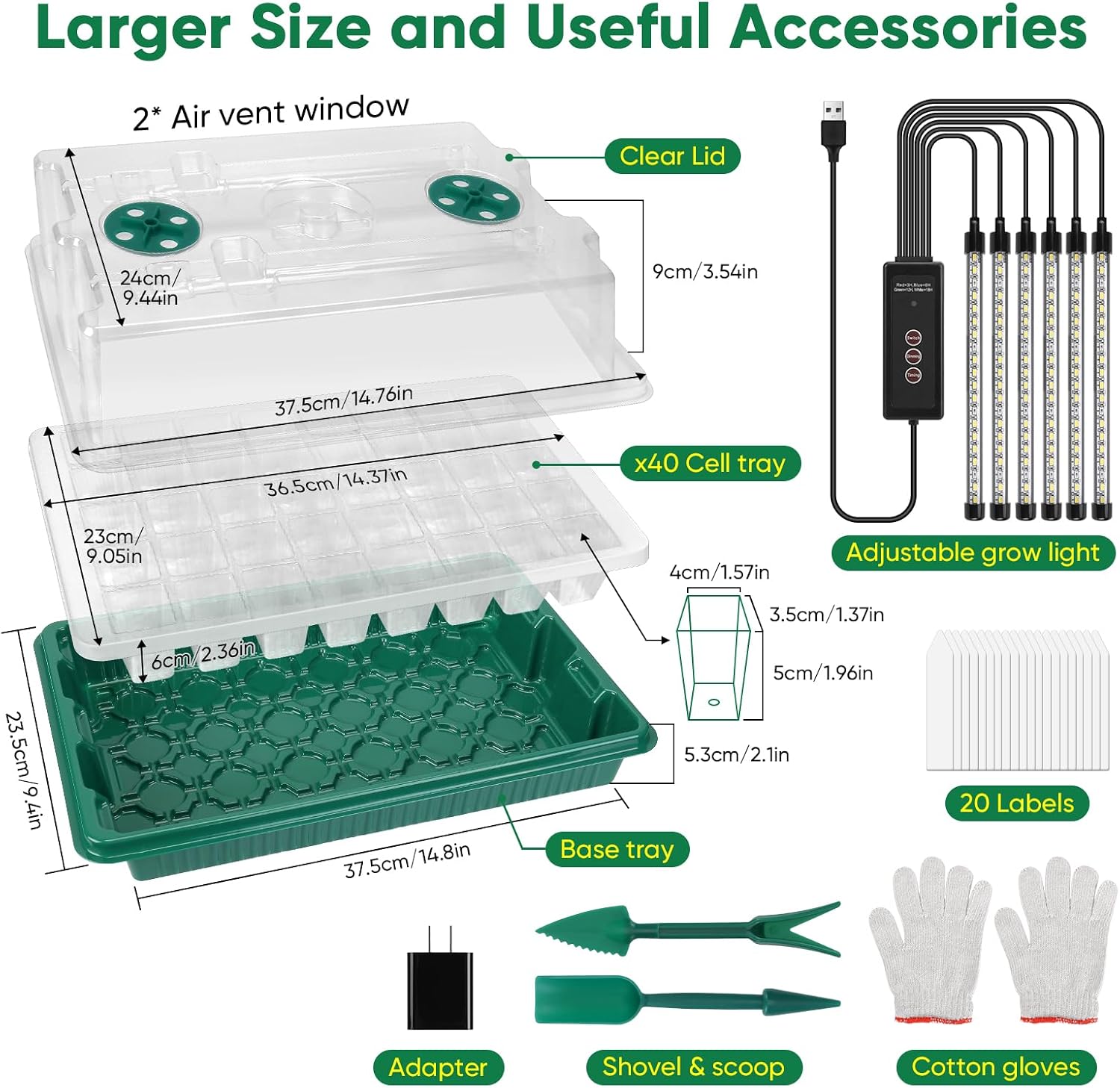 Seed Starter Tray with Grow Light, Humidity Dome, 3 Pack 120 Cells | Seedling Tray Kit with Vented Dome & Drainage