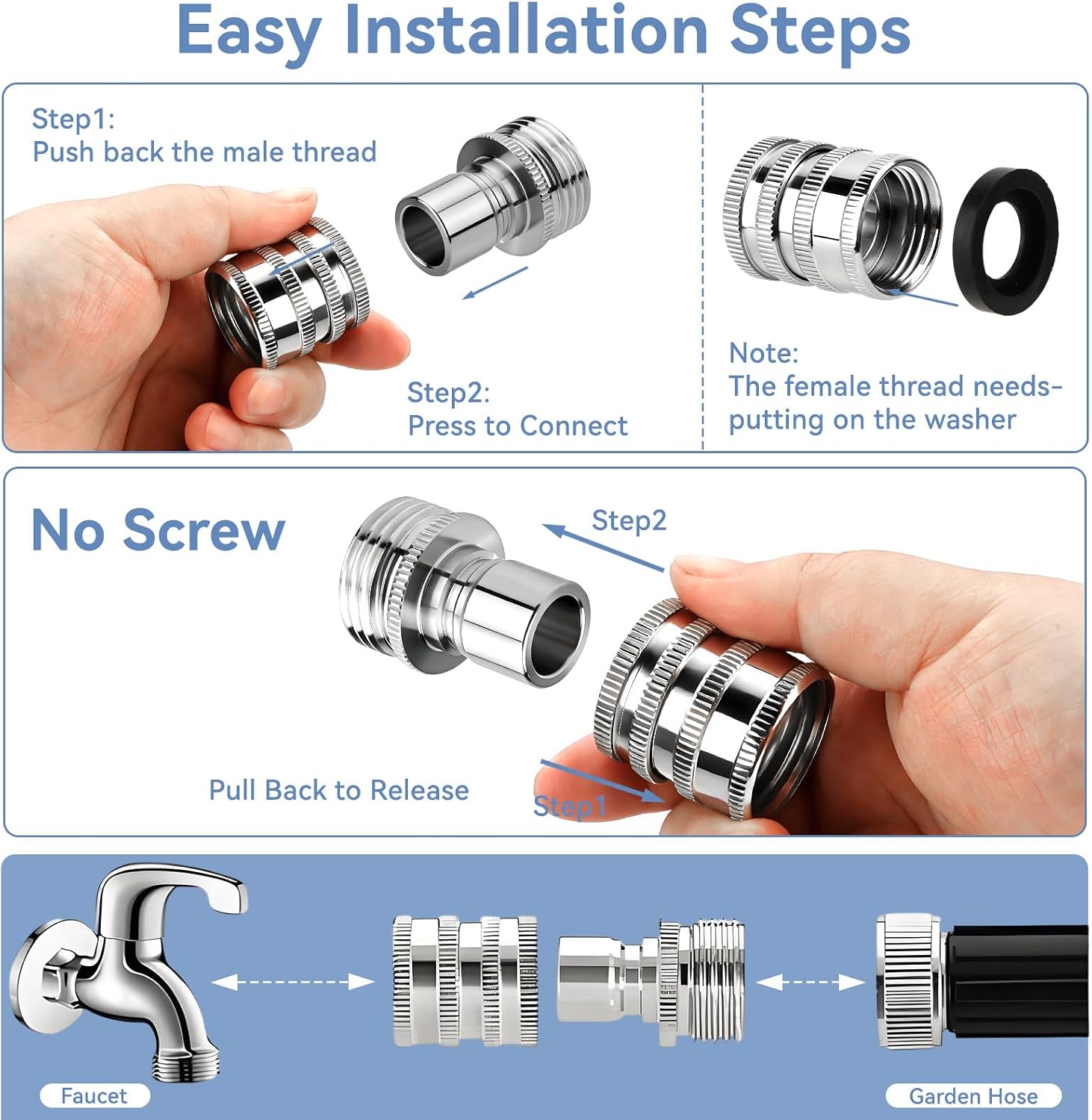 5 Pack 2026 New Stainless Steel Garden Hose Quick Connect Fittings, Quick Release Connect Fitting sets, 1/2 to 3/4 Inch