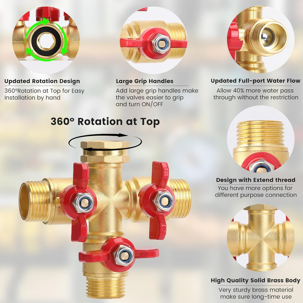 Garden Hose Splitter 3 Way, Heavy Duty 3-Way Brass Valve Garden Hose Splitter With Stainless Steel Long Handle, Full