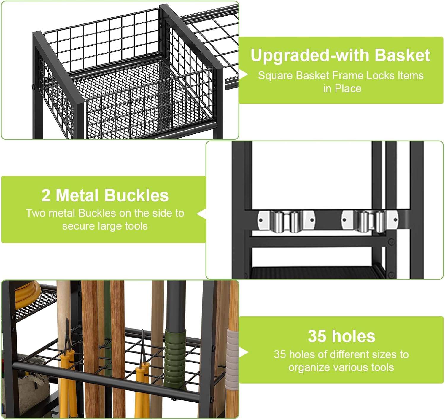 Garden Tool Organizer with Basket, 3-Tier Yard Storage Rack for Garage | 35 Long-Tool Slots: Steel rack adds 11 hooks