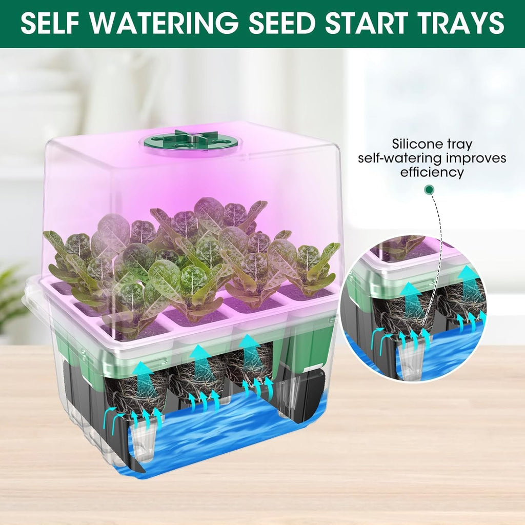 10-Pack Self Watering Seed Starter Tray with Grow Light 120Cell | Smart Timer, Humidity Dome, Ideal For Indoor Plant