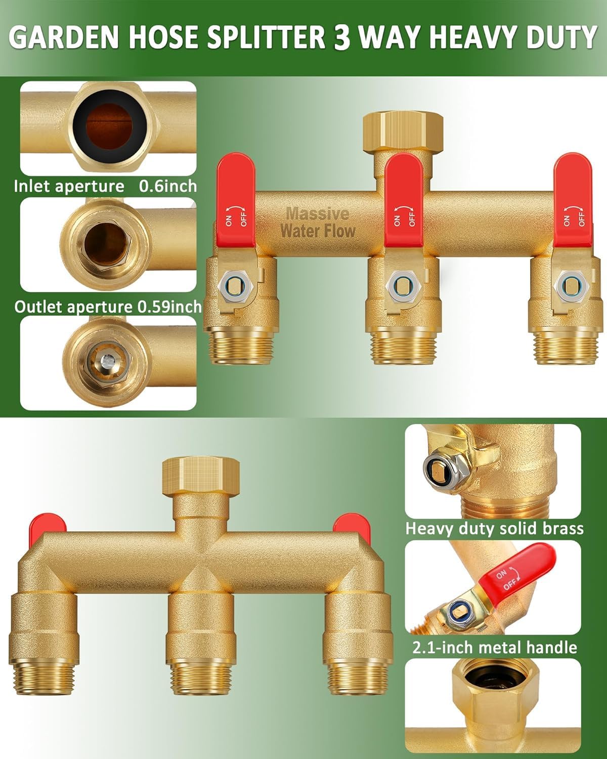 3 Way Hose Splitter, Heavy Duty Full Flow Garden Water Hose Bib Spigot Splitter, Brass Rust and Freeze Resistant