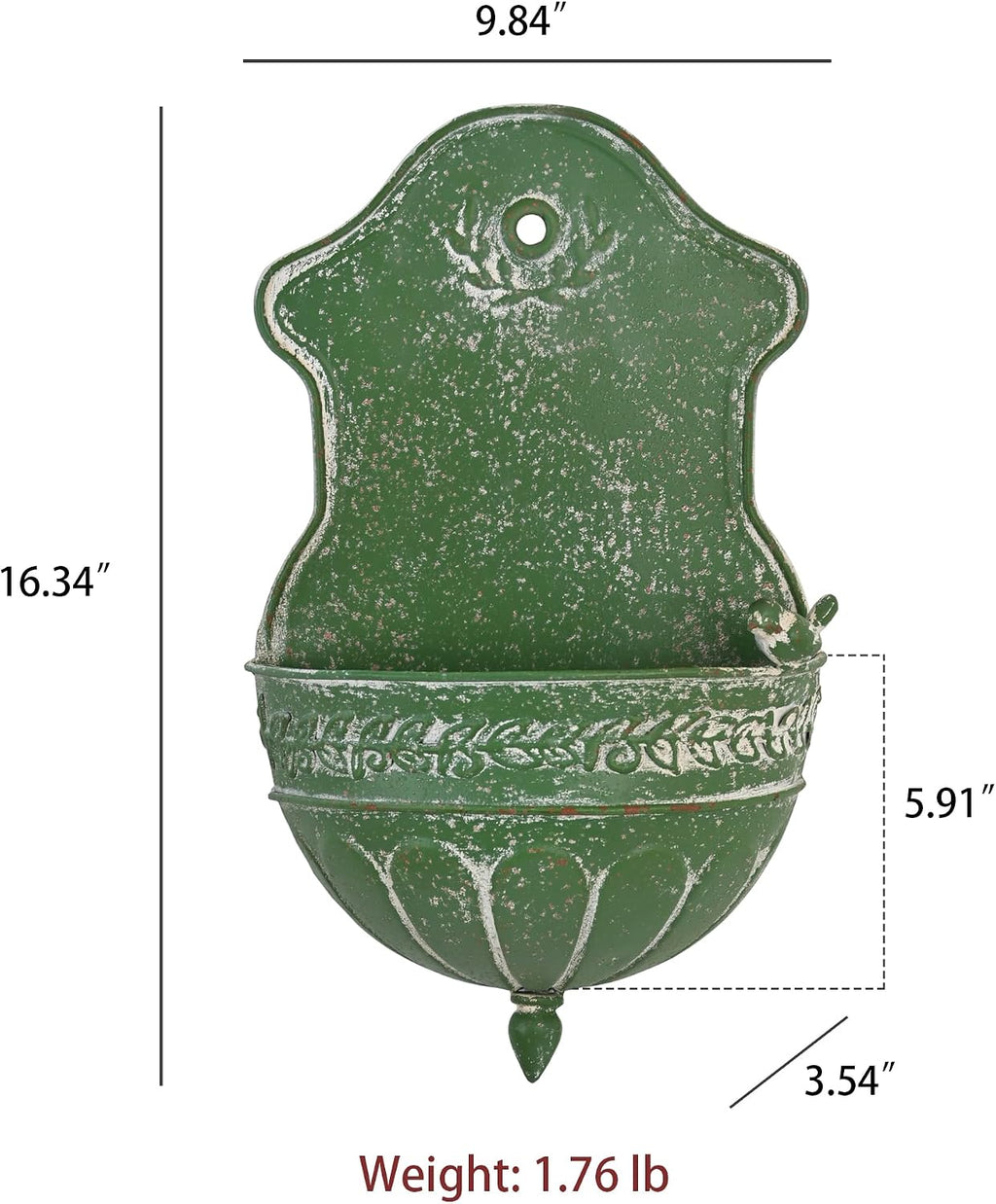 Vintage Distressed Green Metal Wall Planter, Rustic Hanging Pocket Planter with Scrollwork & Scalloped Design