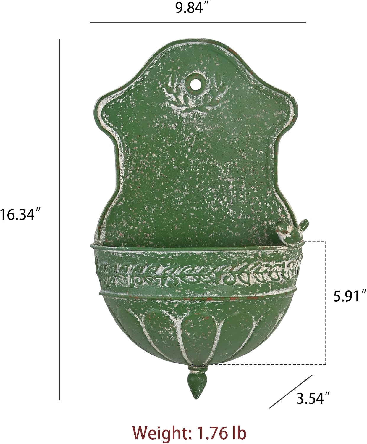 Vintage Distressed Green Metal Wall Planter, Rustic Hanging Pocket Planter with Scrollwork & Scalloped Design