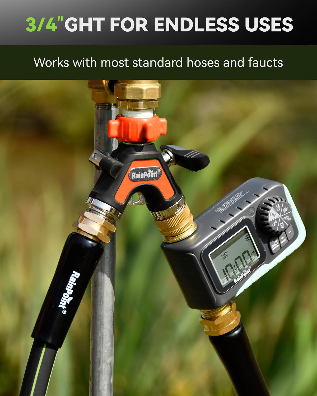 RAINPOINT Garden Hose Splitter 2 Way, All Metal Heavy Duty Water Hose Y Splitter With 2.05" Extra Long Side Handle &