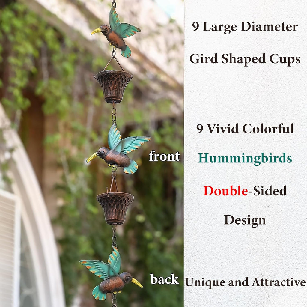 8.5FT Rain Chain, Hummingbird and Cup Rain Chains for Gutters and Downspouts | Metal Decorative Rainwater Catcher