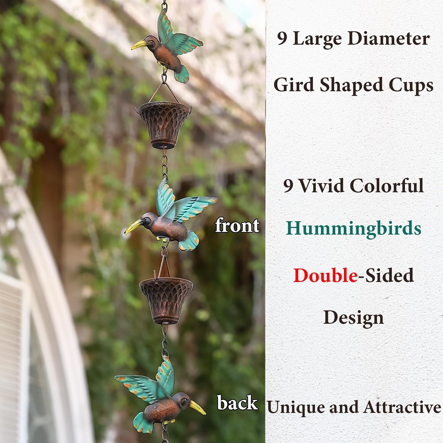 8.5FT Rain Chain, Hummingbird and Cup Rain Chains for Gutters and Downspouts | Metal Decorative Rainwater Catcher