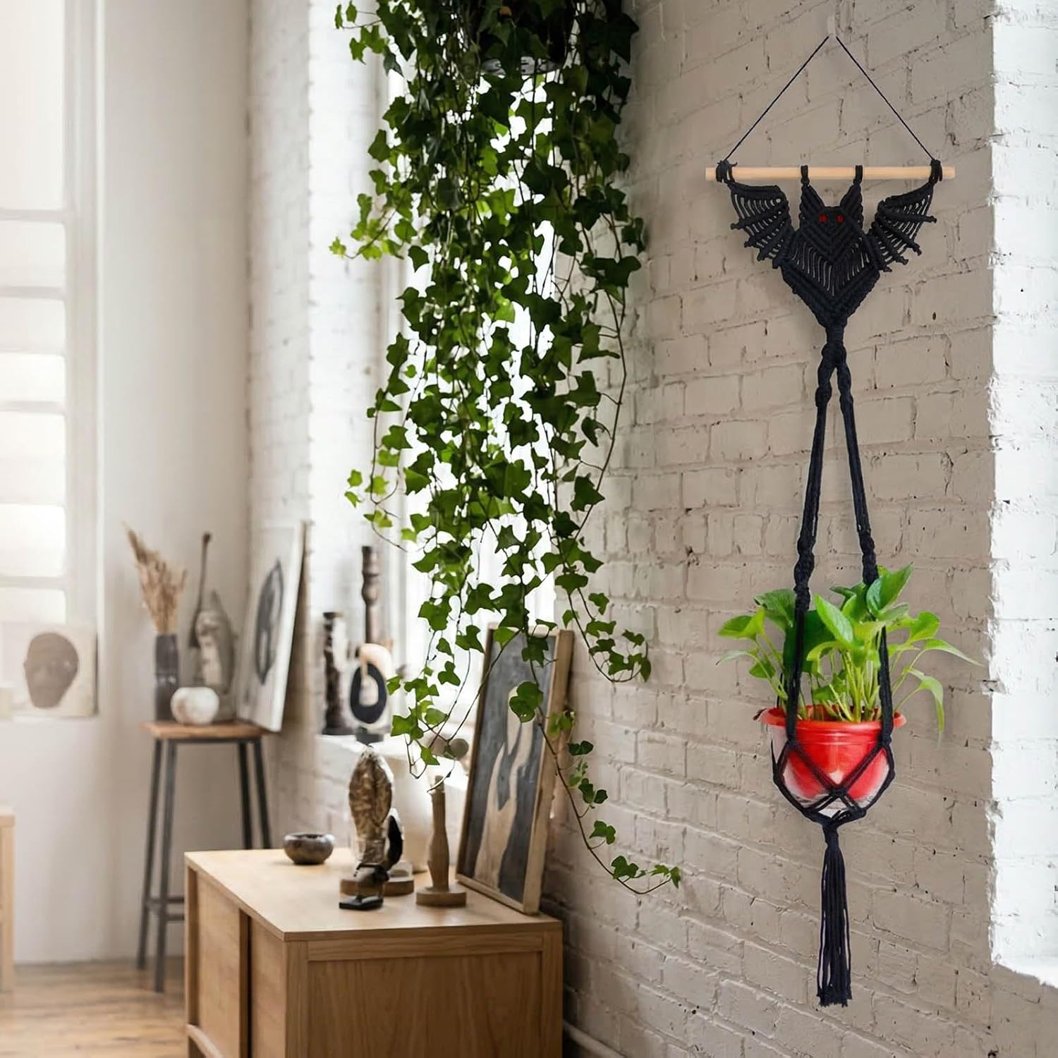 2-Pack Boho Bat Shape Gothic Plant Hanger, Macrame Handmade Pot Holder with Wooden Stick, Black Color Pot Holder for