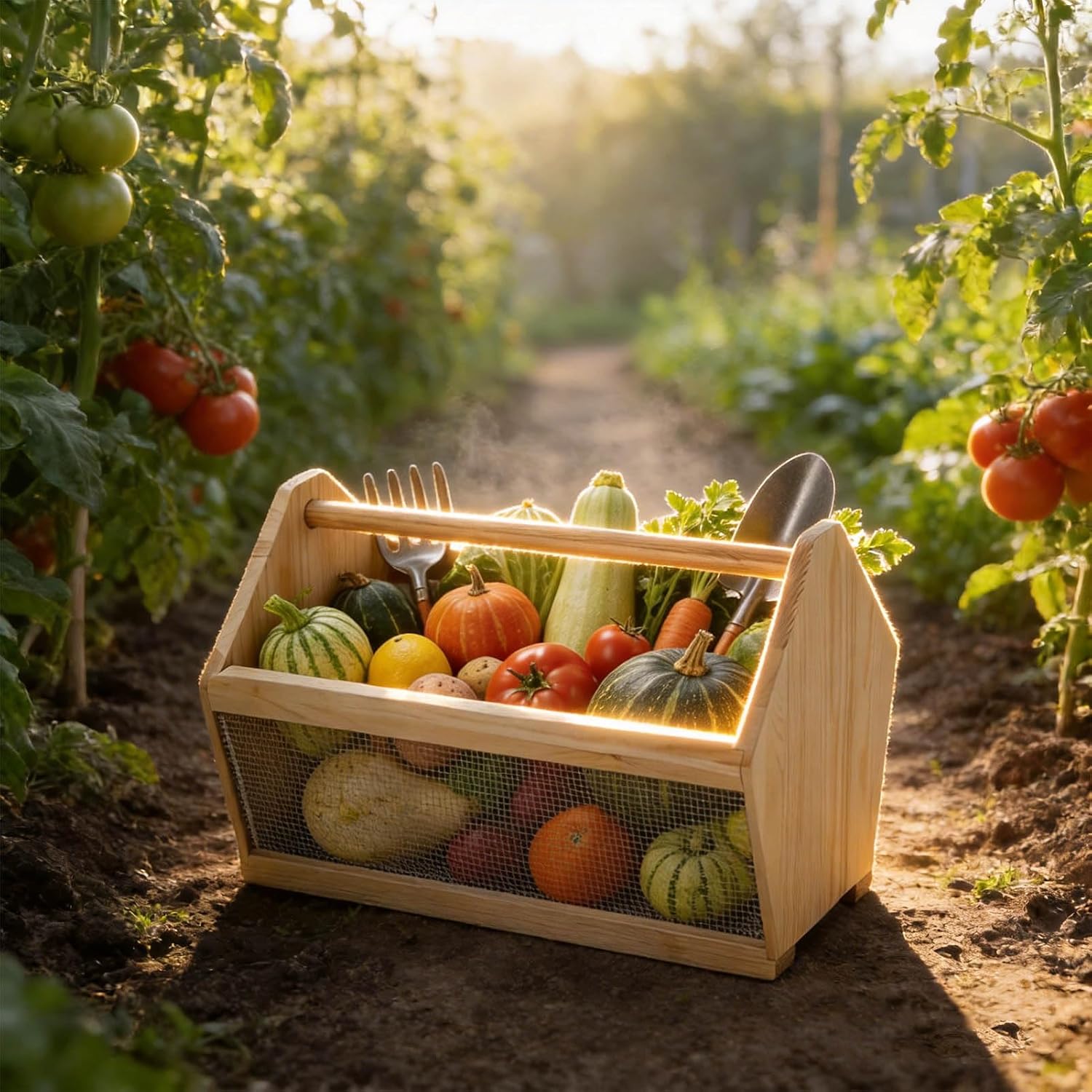 Garden Basket, Wood Harvest Basket with Wire Mesh, 12x7.5x10″ | Solid wood, rust-proof wire mesh, for gathering fruits