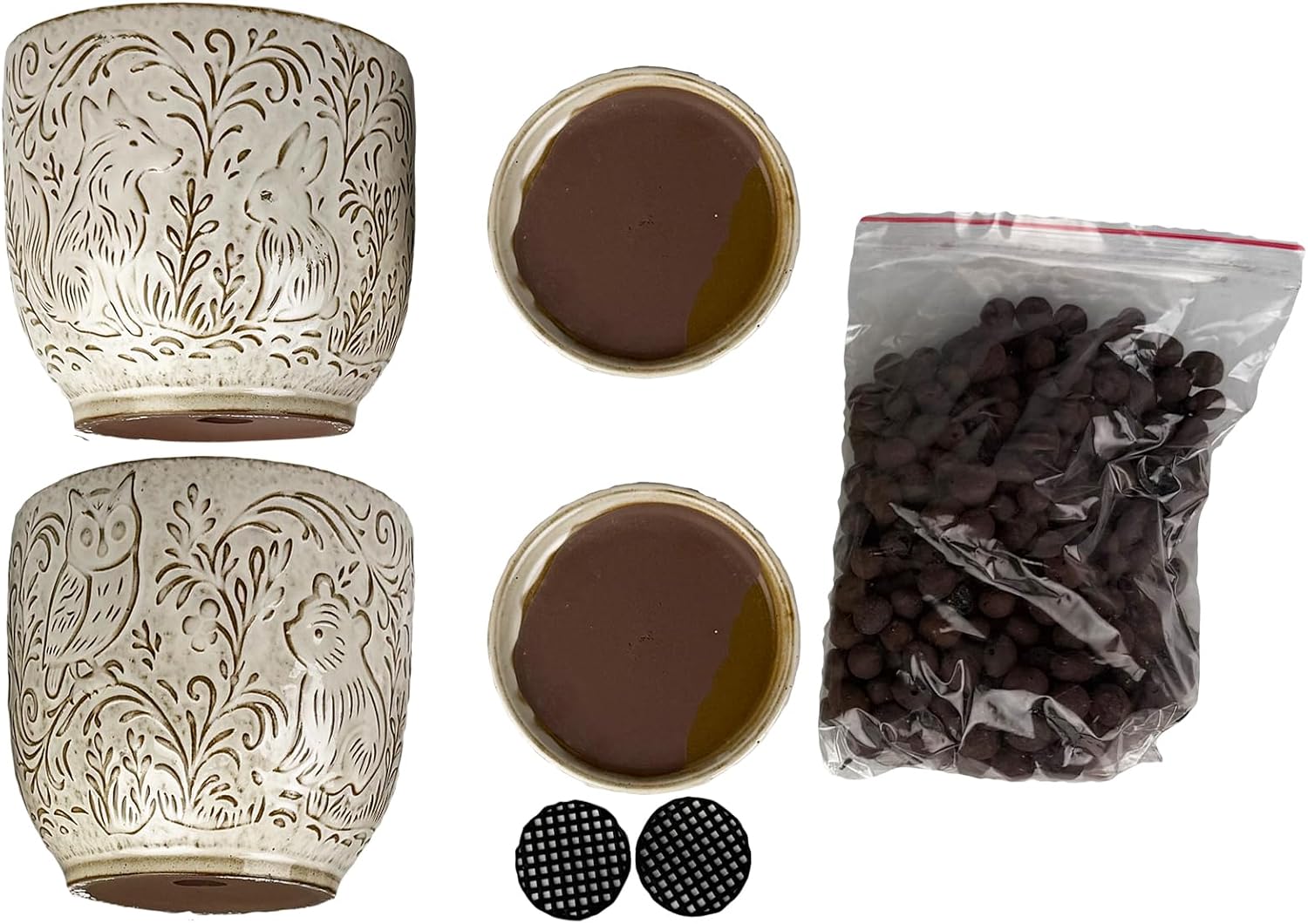 Decorative Ceramic Planter Pot with Saucer, Brown with Gold and Silver Owl Pattern, Indoor Garden Container with