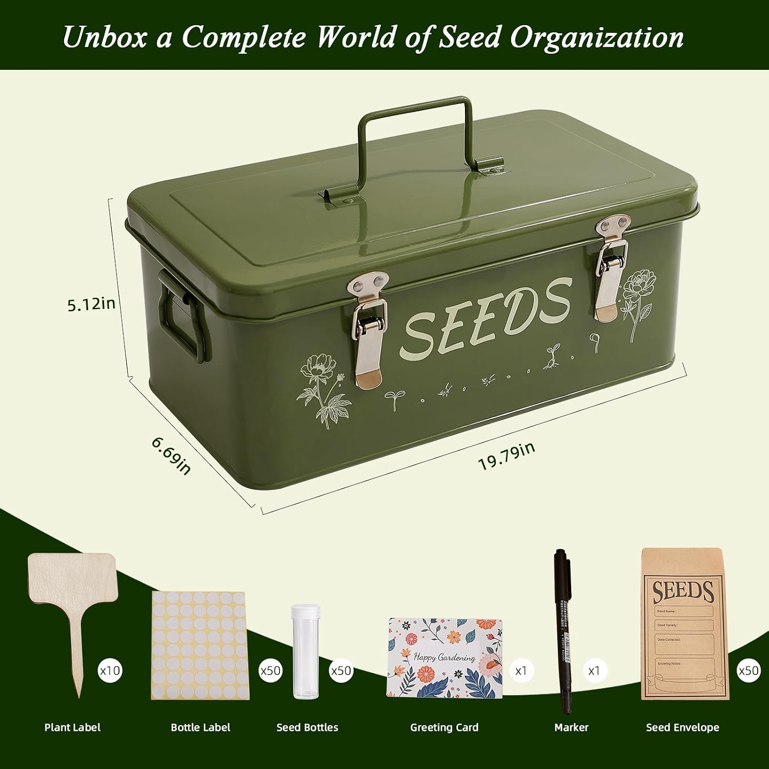 VerdantVibes Metal Seed Storage Organizer Box - Large Galvanized Seed Bin with 50 Vials, 50 Envelopes, Dividers &