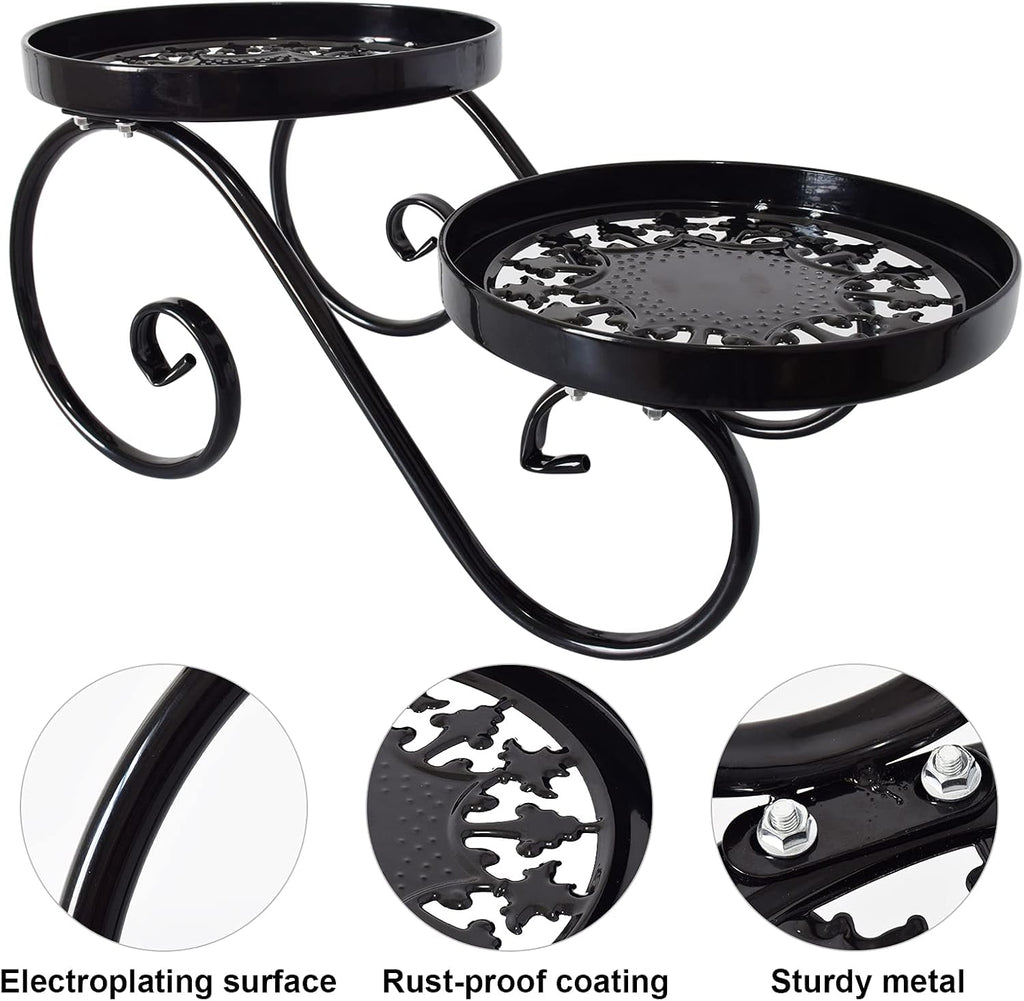 TLBTEK 2 tier Metal Plant Stand,Black Round Potted Planter Stands Indoor Outdoor ,Multiple Modern Flower Pot Stand