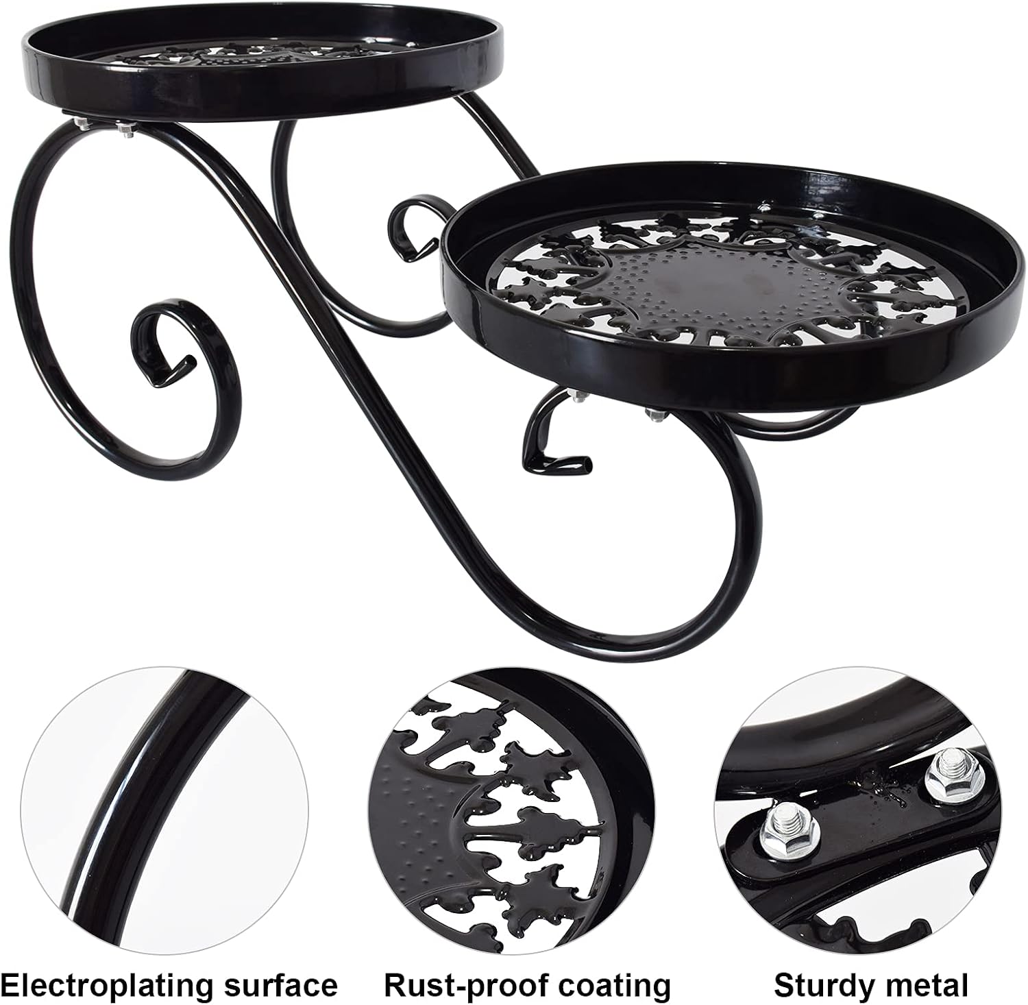 TLBTEK 2 tier Metal Plant Stand,Black Round Potted Planter Stands Indoor Outdoor ,Multiple Modern Flower Pot Stand