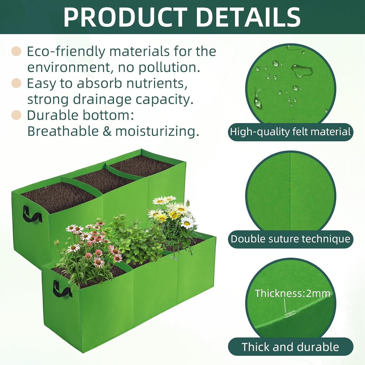 2 Pack Plant Grow Bags, 3 Divided Grids Fabric Raised Planting Bed Rectangle Raised Vegetable Planter Garden Planting