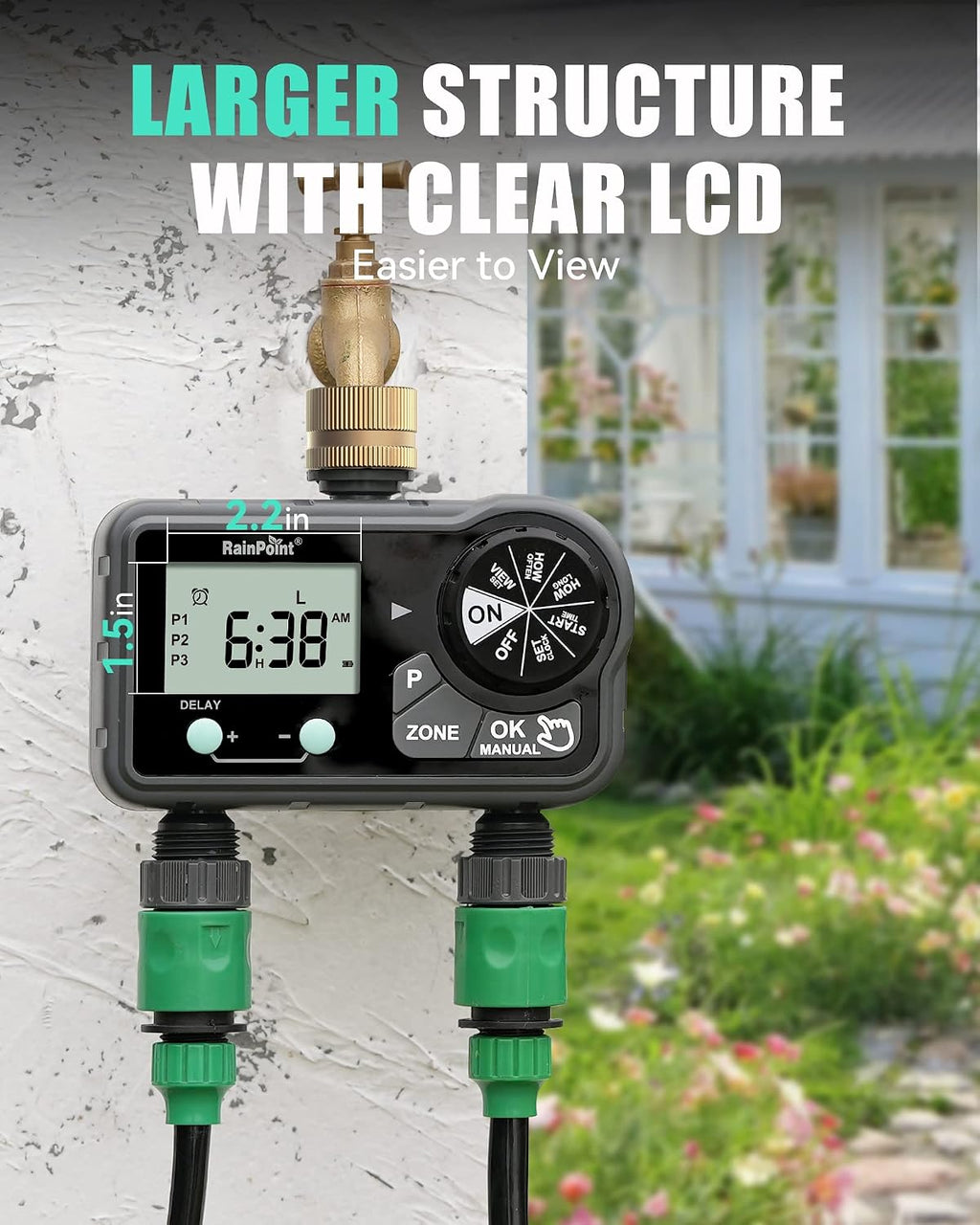 RAINPOINT Brass Sprinkler Timer 2 Stations, Large Digital Water Timer for Garden Hose with 6 Programmable Procedure