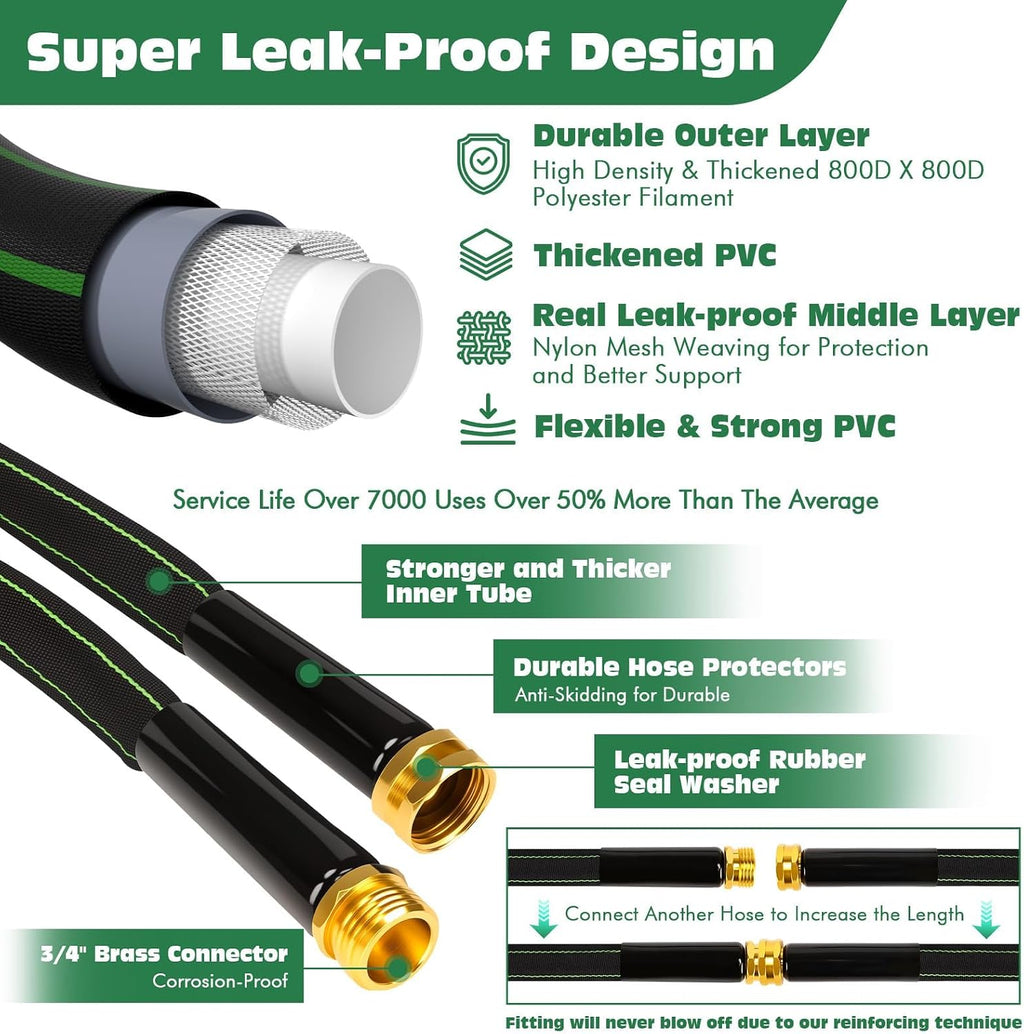Garden Hose 100 ft Water Hose Flexible Heavy Duty Lightweight No Kink Long Outdoor Non-Expandable High Pressure Flat