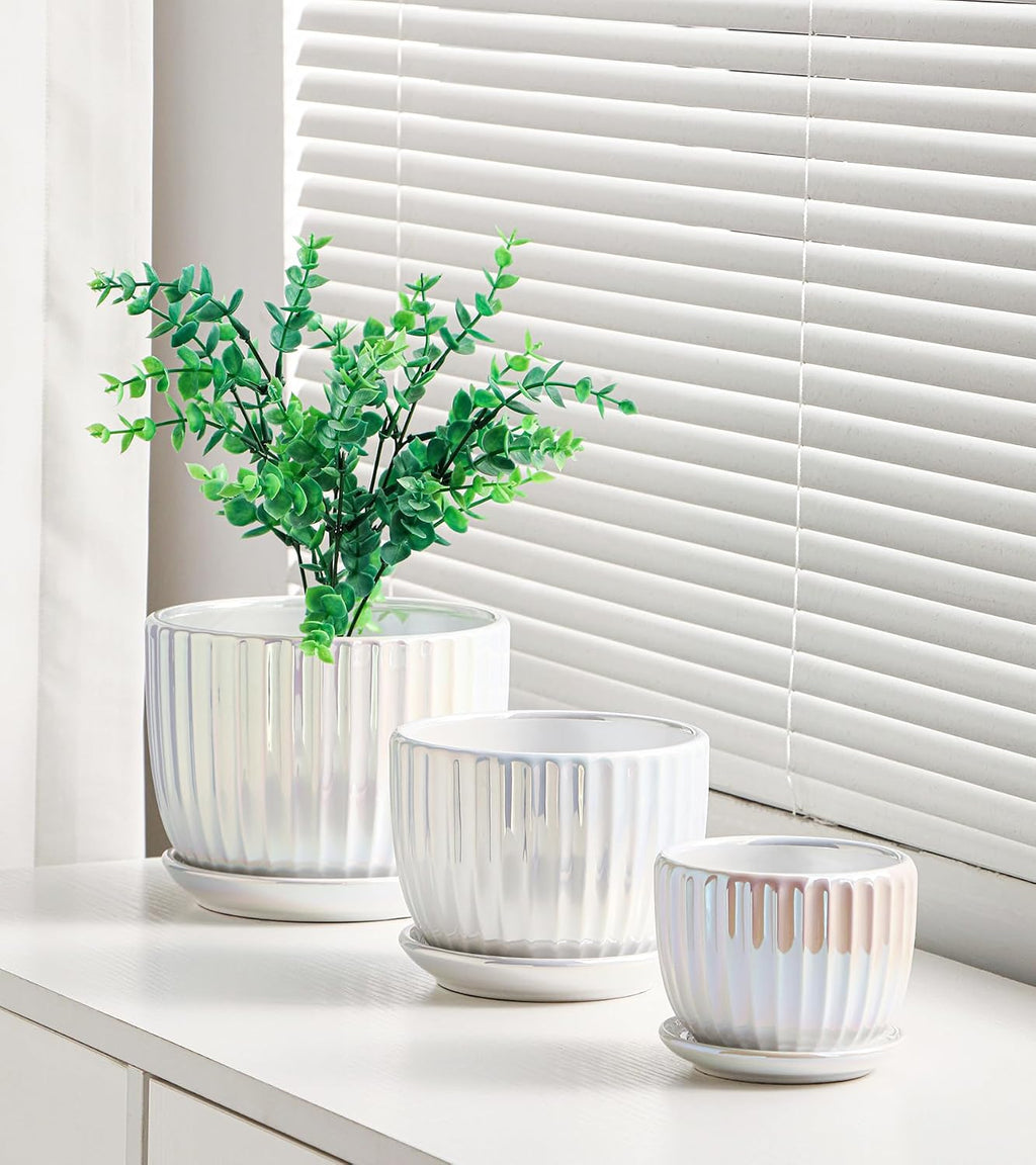 Plant Pots,Ceramic Flower Pots with Drainage Holes & Saucer Set of 3（Pearl） | Pots for Indoor Plants | Decorative
