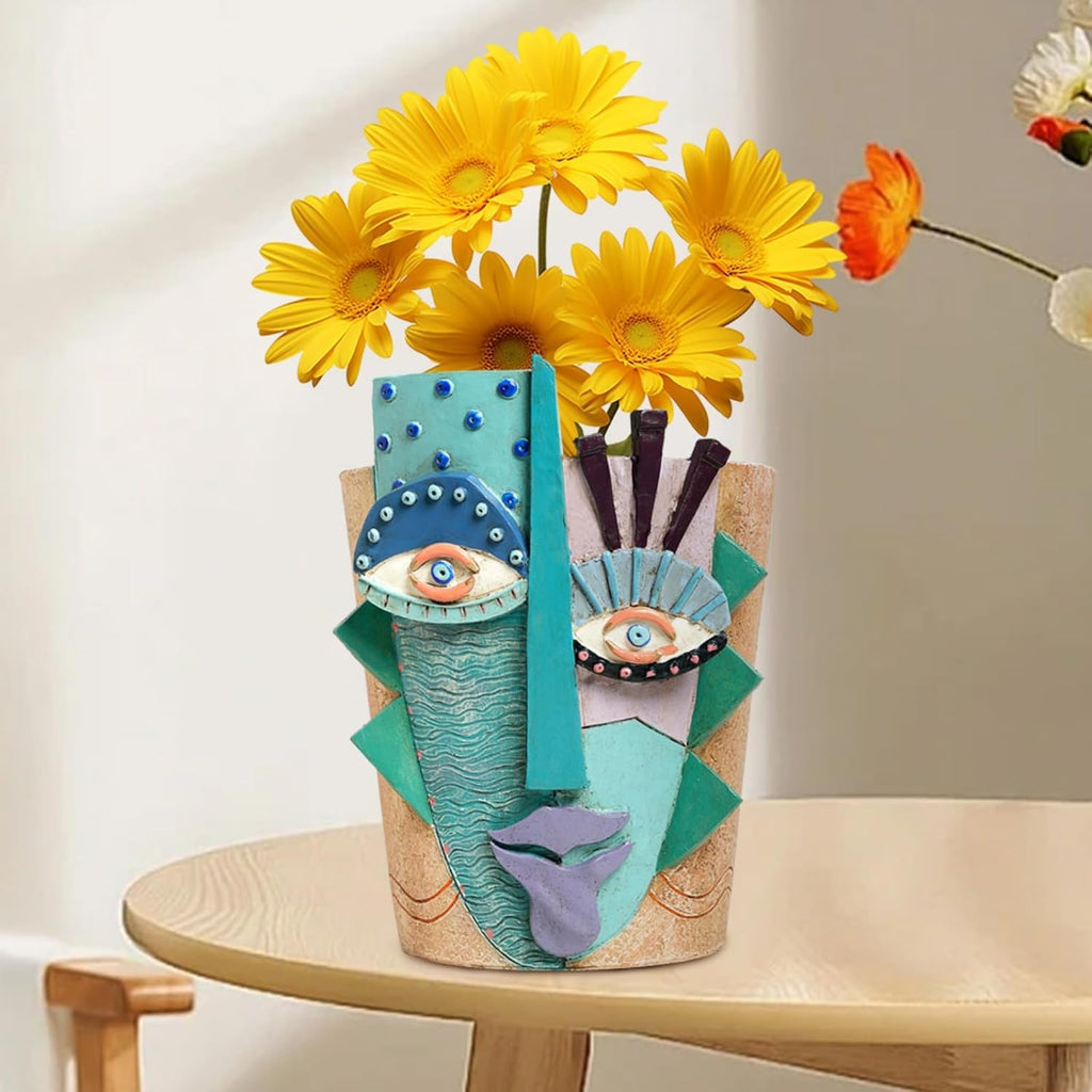 Picasso Abstract Face Planter Pot, Vase Style Flower Pot (Small) | Handcrafted Resin, Drainage Holes, Great for Indoor