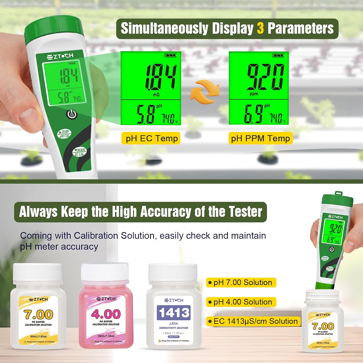 Hydroponic pH EC Meter, Water pH TDS PPM Meter | for Reservoir Nutrient Solution, pH EC Meter for Water Hydroponic DWC