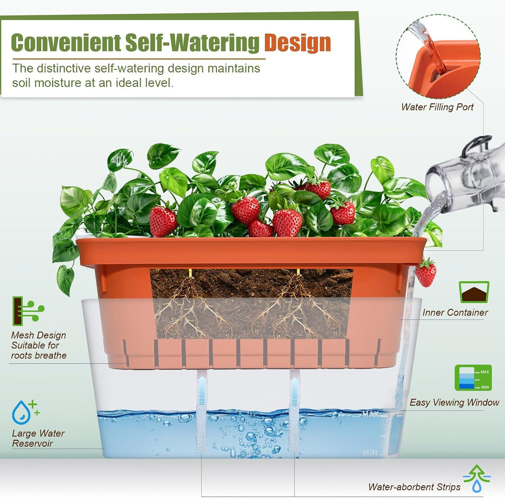 OurWarm Self Watering Pots for Indoor Plants, 6 Pack 10.5 Inch Plastic Window Herb Planter Box with Water Level