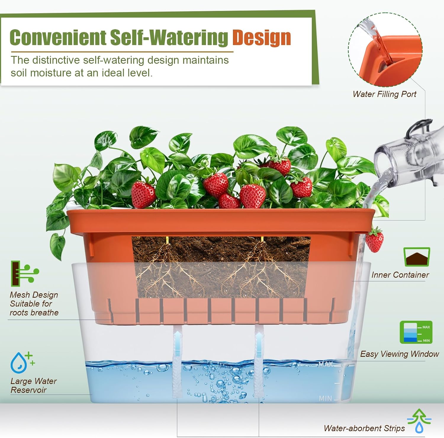 OurWarm Self Watering Pots for Indoor Plants, 6 Pack 10.5 Inch Plastic Window Herb Planter Box with Water Level
