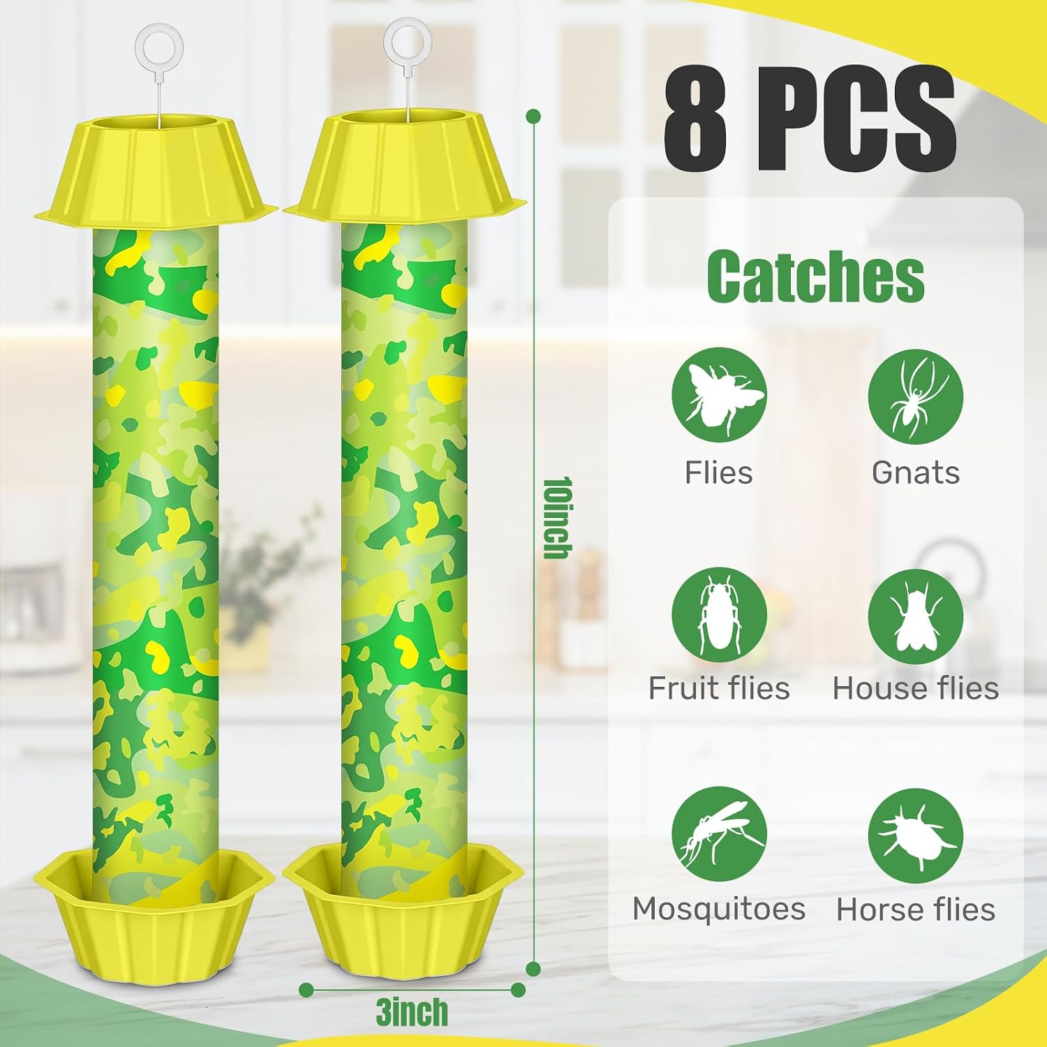 Qualirey 8 Pcs Sticky Fly Trap Fly Stick with Hanging Hook Adhesive Flying for Indoor Outdoor Trap Houseflies and