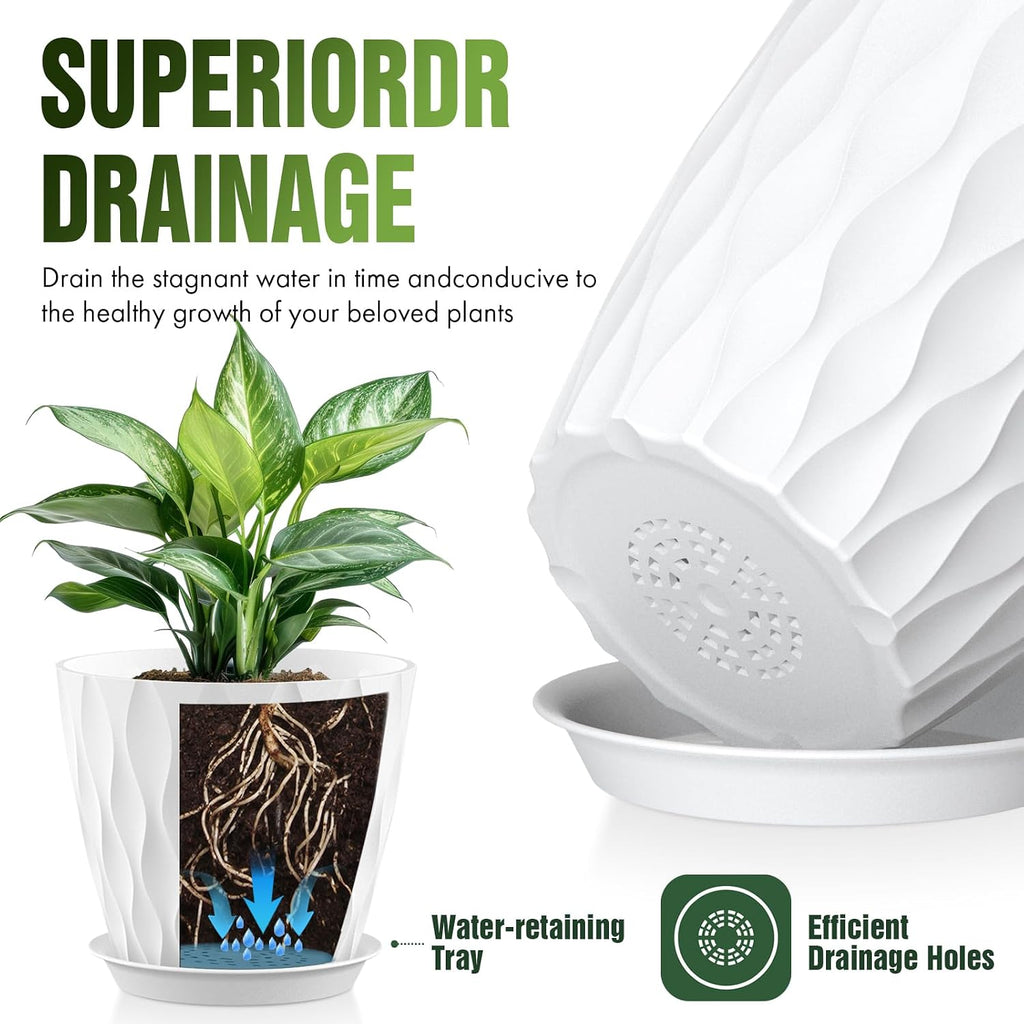 8 Inch Plant Pots 4 Pack Plastic Planters with Drainage & Saucers | 8 inch 4 pack plastic plant pots with 3D water