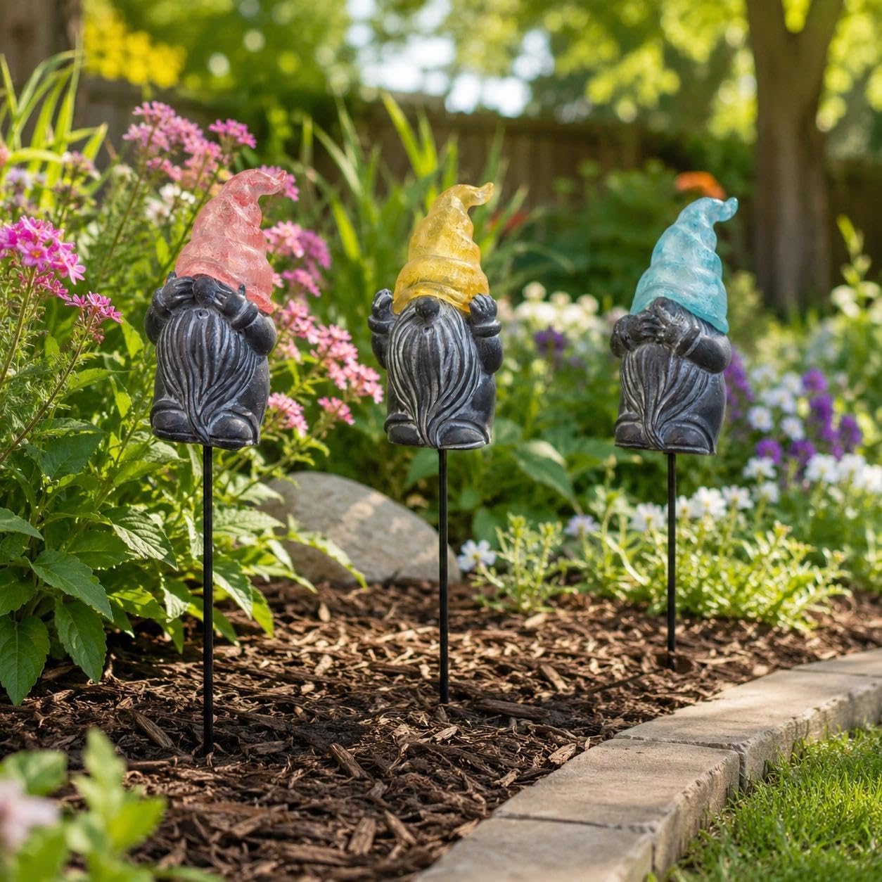 Set of 3 Gnome Garden Stakes, Cute Resin Garden Gnomes with Metal Stakes, Colorful Outdoor Yard Art Decor for Flower