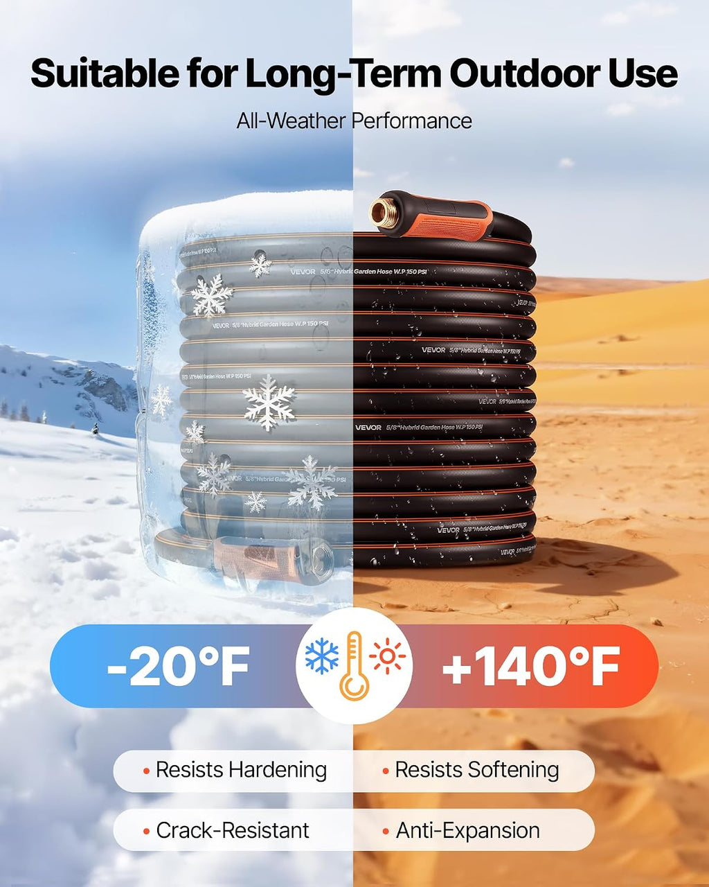 VEVOR Garden Hose, 100 ft 5/8" Heavy Duty 4-Layer Rubber Water Hose, 150PSI Working & 600PSI Burst, Flexible & Non-kink