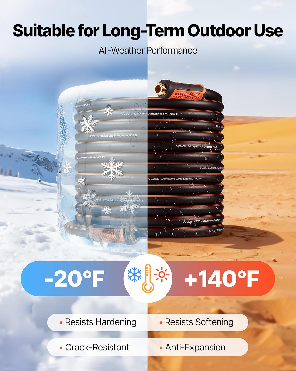 VEVOR Garden Hose, 100 ft 5/8" Heavy Duty 4-Layer Rubber Water Hose, 150PSI Working & 600PSI Burst, Flexible & Non-kink