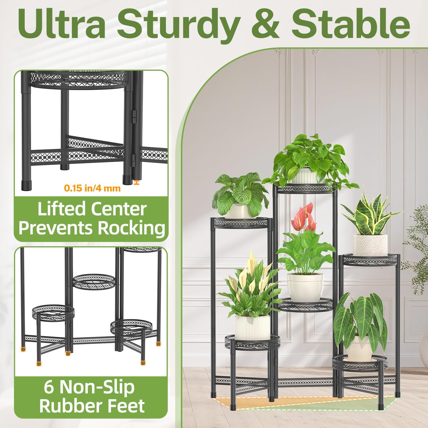 iDavosic.ly Plant Stand Indoor Outdoor, 6 Tier Iron Corner Shelf, Black | Tiered Tall Flower Display Holder, Folding