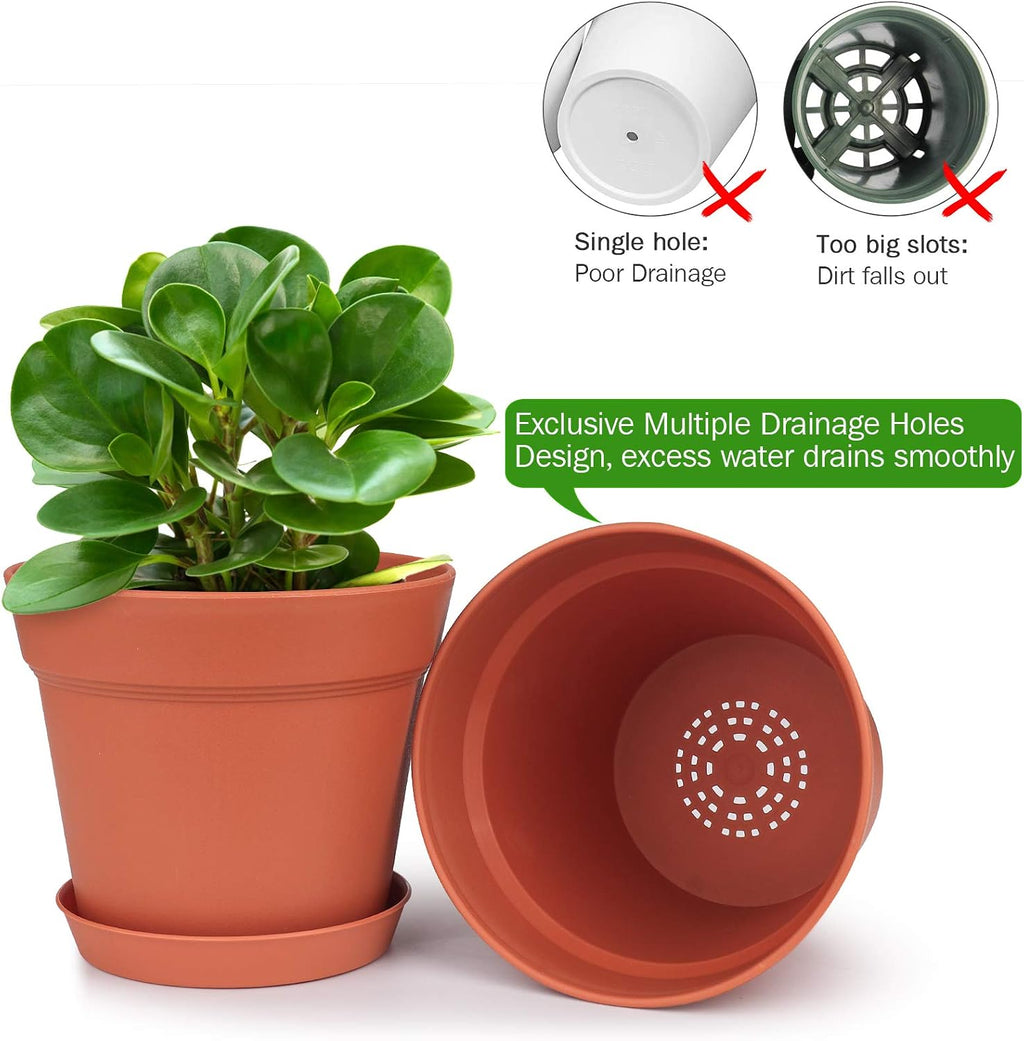 6 Inch Plastic Flower Pots with Drainage Holes and Trays (15 Pcs) | Matte terracotta finish suits orchids, snake