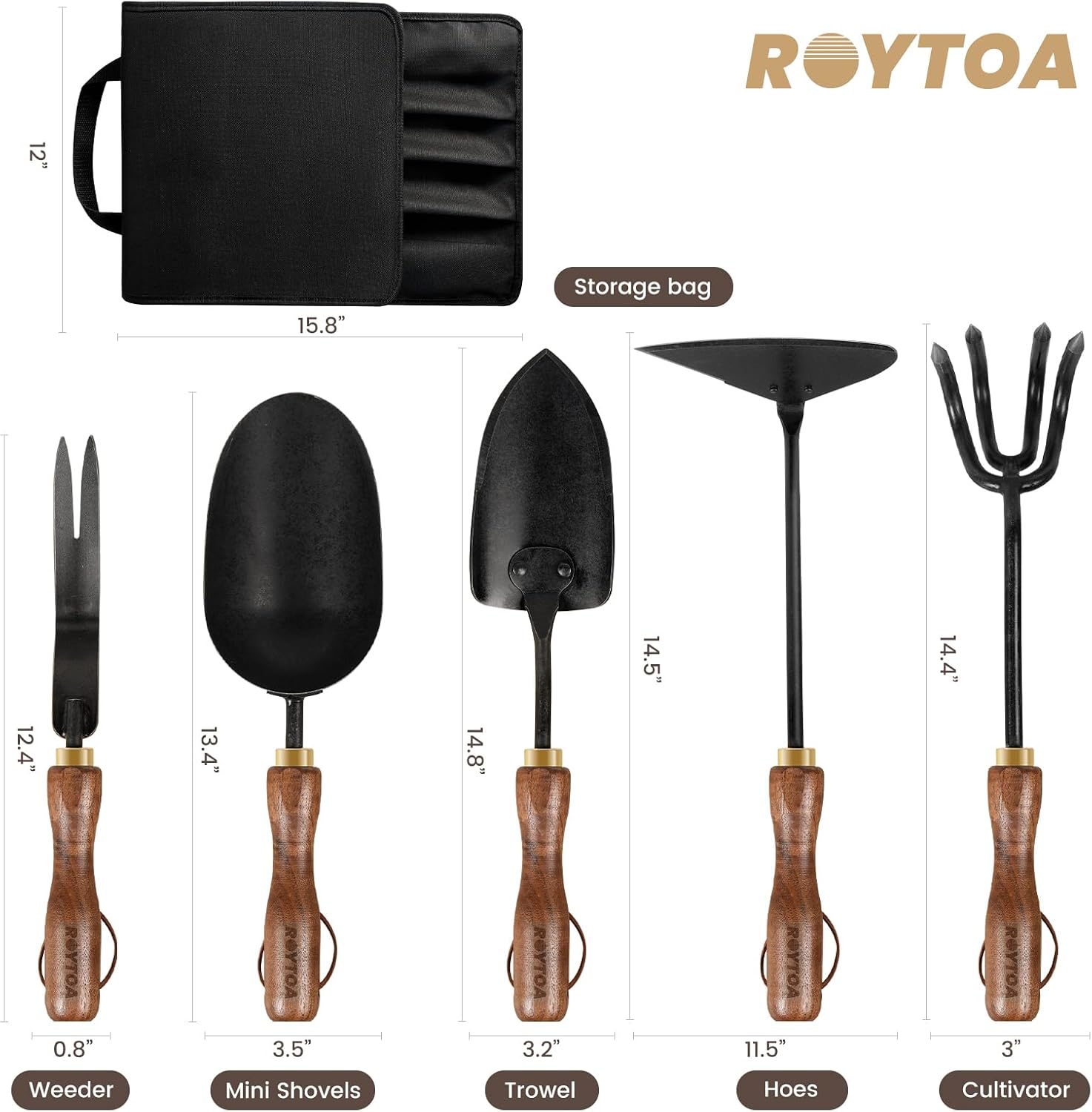 ROYTOA Garden Tool Set, 5PCS Gardening Tools, Stainless Steel Heavy Duty Hand Cultivator, Hoes, Shovel, Trowel and