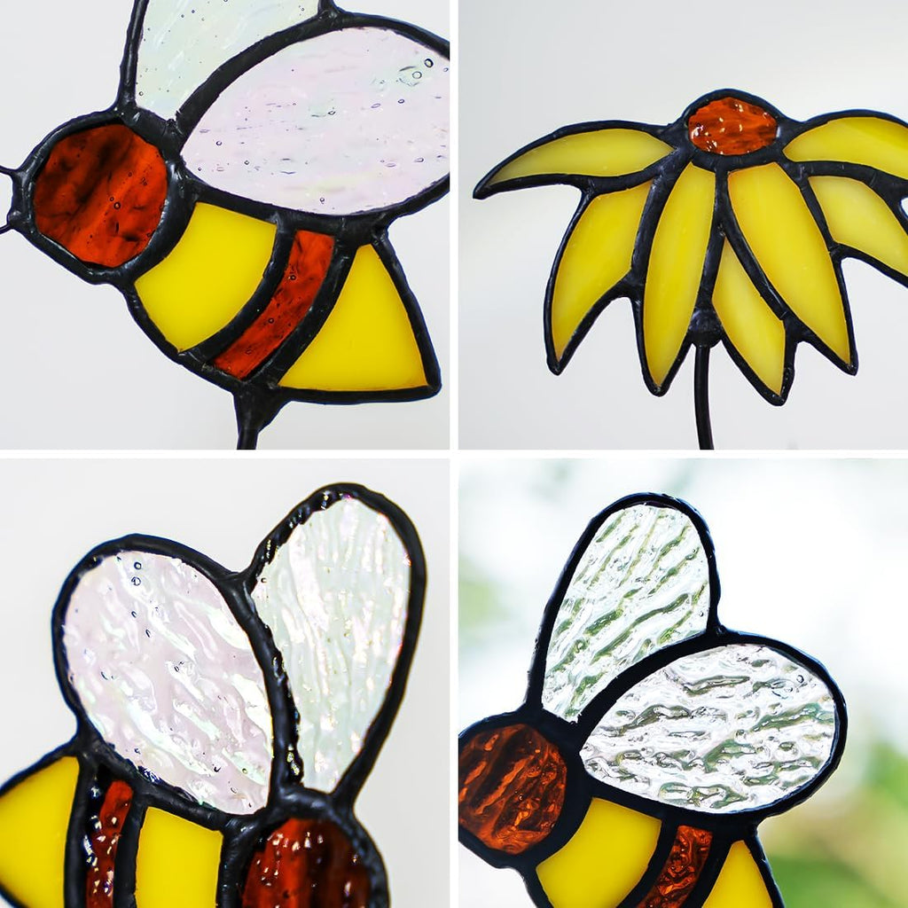 Sun Flower Decor Stained Glass Suncatcher,Bee Decor Stained Glass Plant Stake Insert in Pots Suncatcher,Vase Decor,Sun