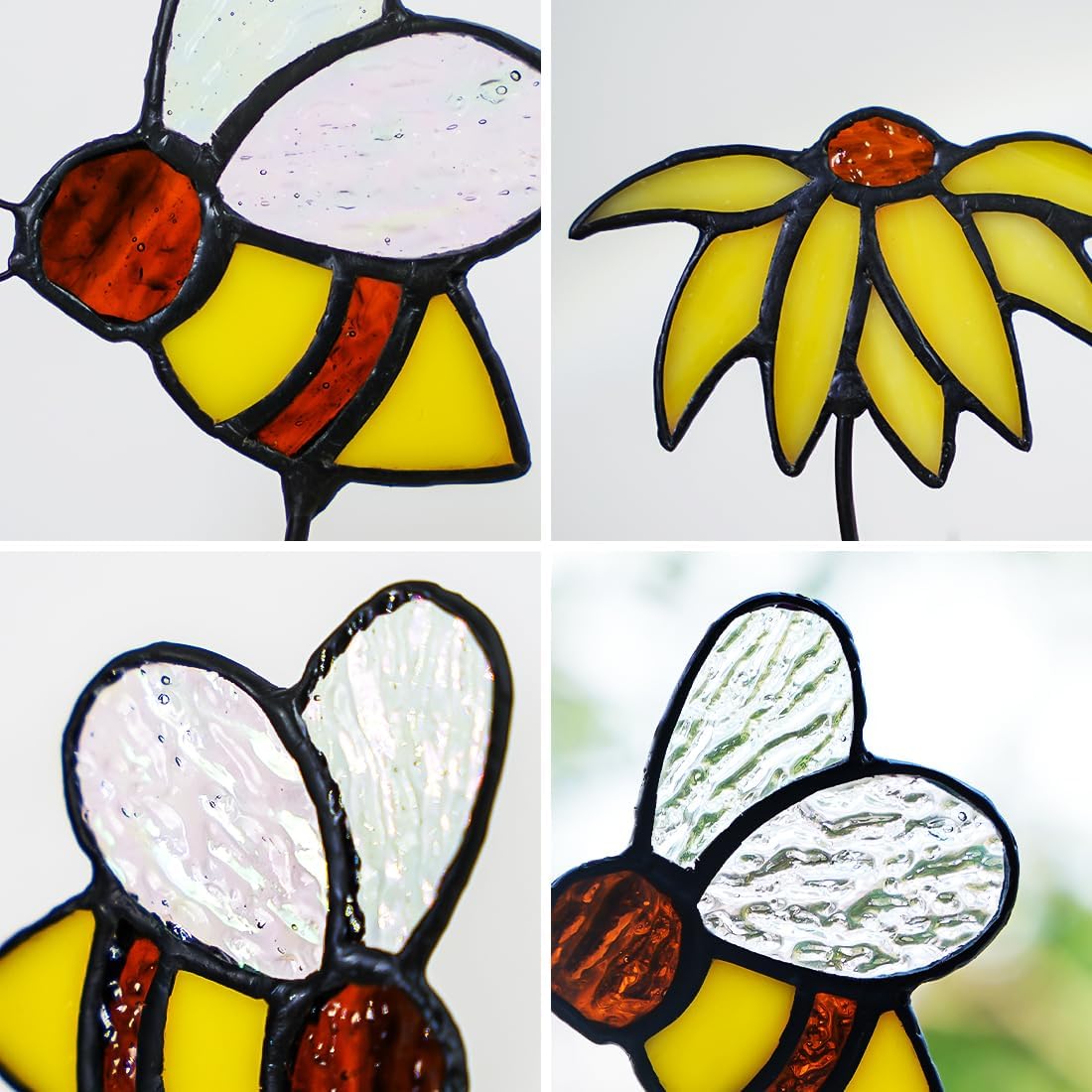 Sun Flower Decor Stained Glass Suncatcher,Bee Decor Stained Glass Plant Stake Insert in Pots Suncatcher,Vase Decor,Sun