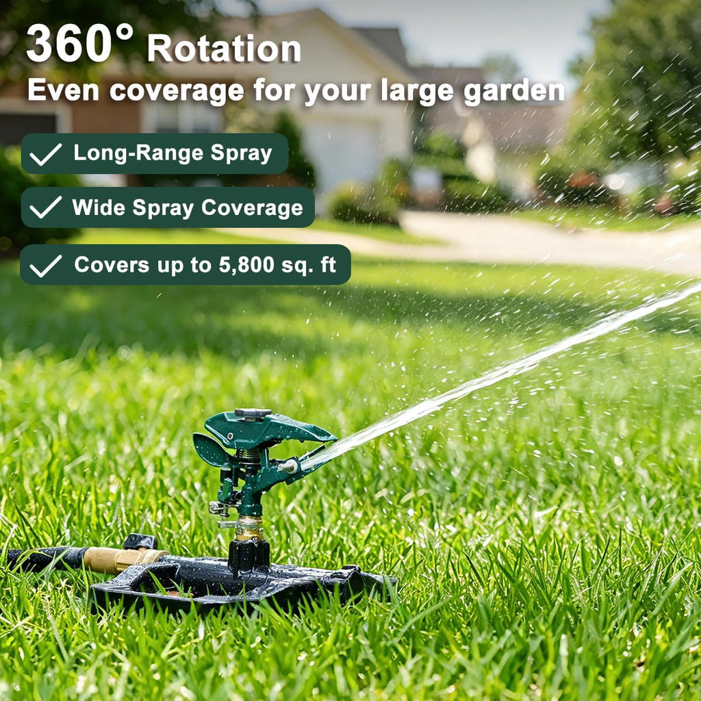 FANHAO Heavy Duty 360 Degree Pulsating Impact Sprinkler, Adjustable Lawn Sprinkler with Metal Base, Covers Up to 5,800