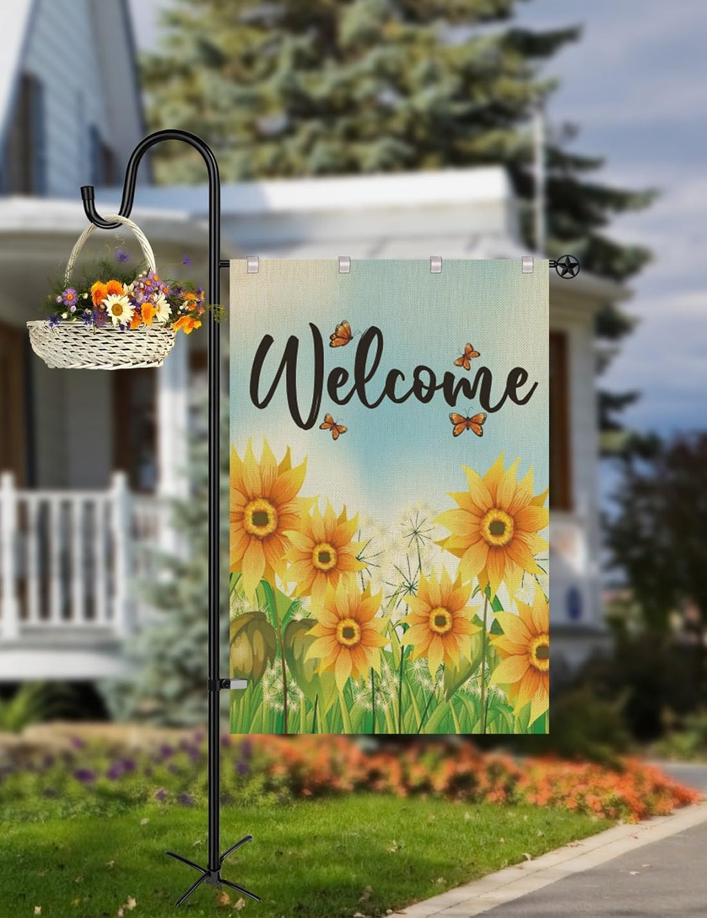 LOPANNY Large Garden Flag Holder Stand Pole for 28 x 40 Flags with Shepherds Hooks for Outdoor - 2 Pack Upgraded Sturdy