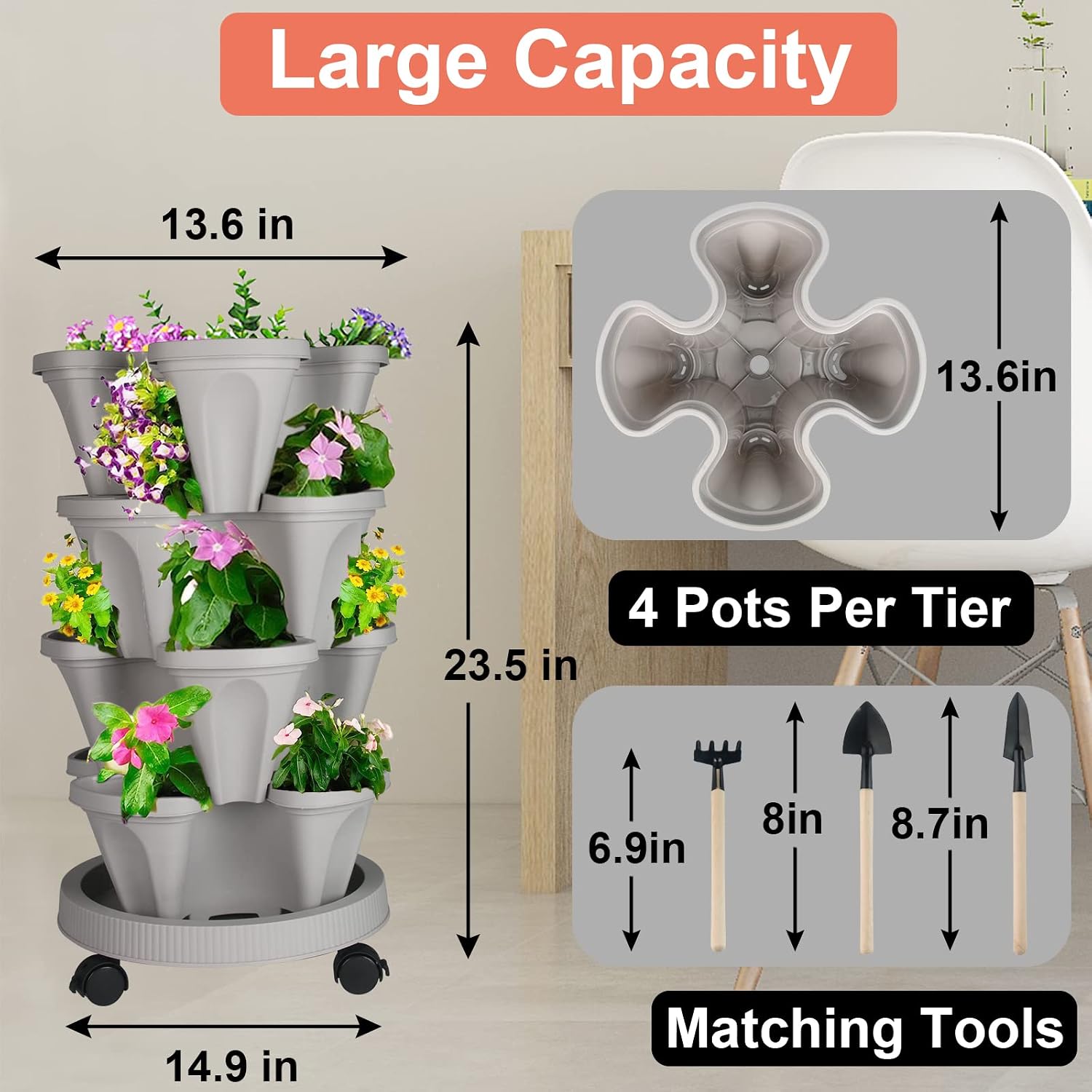 DUNCHATY Stackable Planter, Vertical Garden Planter with Wheels and Tools, Self Watering Strawberry Planter
