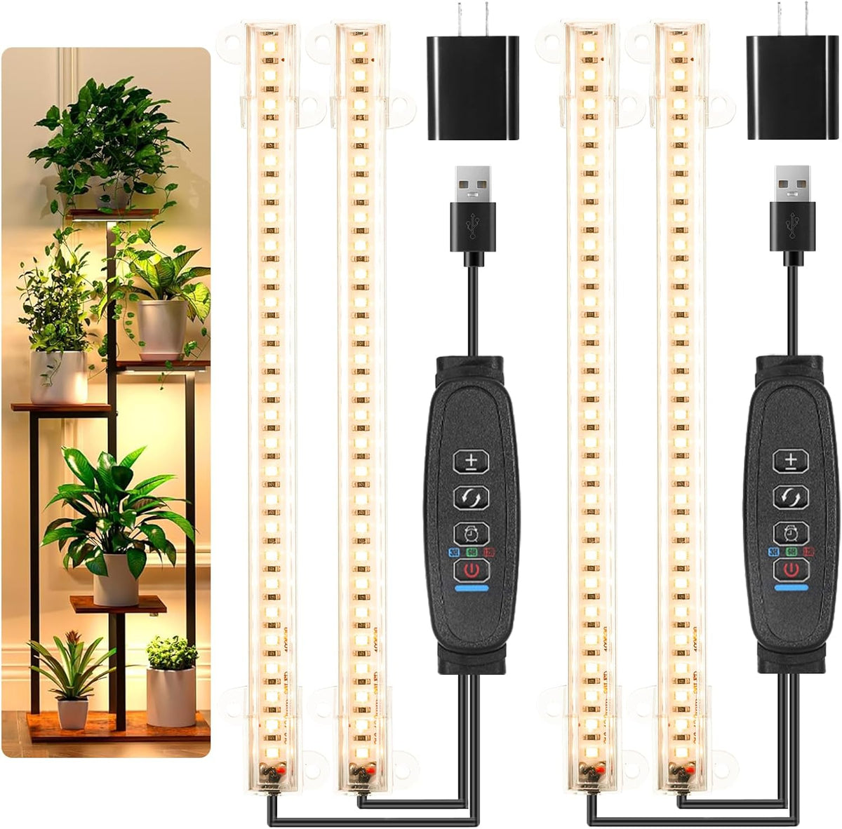 8.6'' LED Grow Light Strips, Full Spectrum 3500K Grow Lights for Indoor Plants, 2 Head with 3/9/12H Timer, 10 Dimmable Levels, Suitable for Seedling, Succulent, Plant Shelf and Greenhouse, 2-Pack