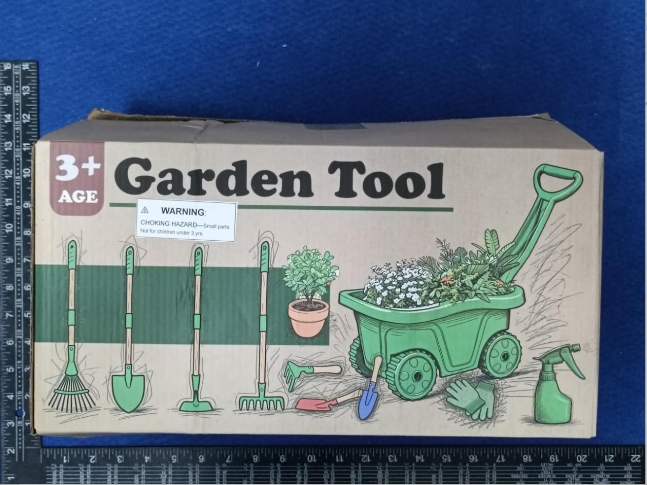 VICHTOP 10Pcs Kids Gardening Tools Set - Wheelbarrow Toys with Shovel, Rake, Hoe and Leaf Rake for Outdoor Backyard